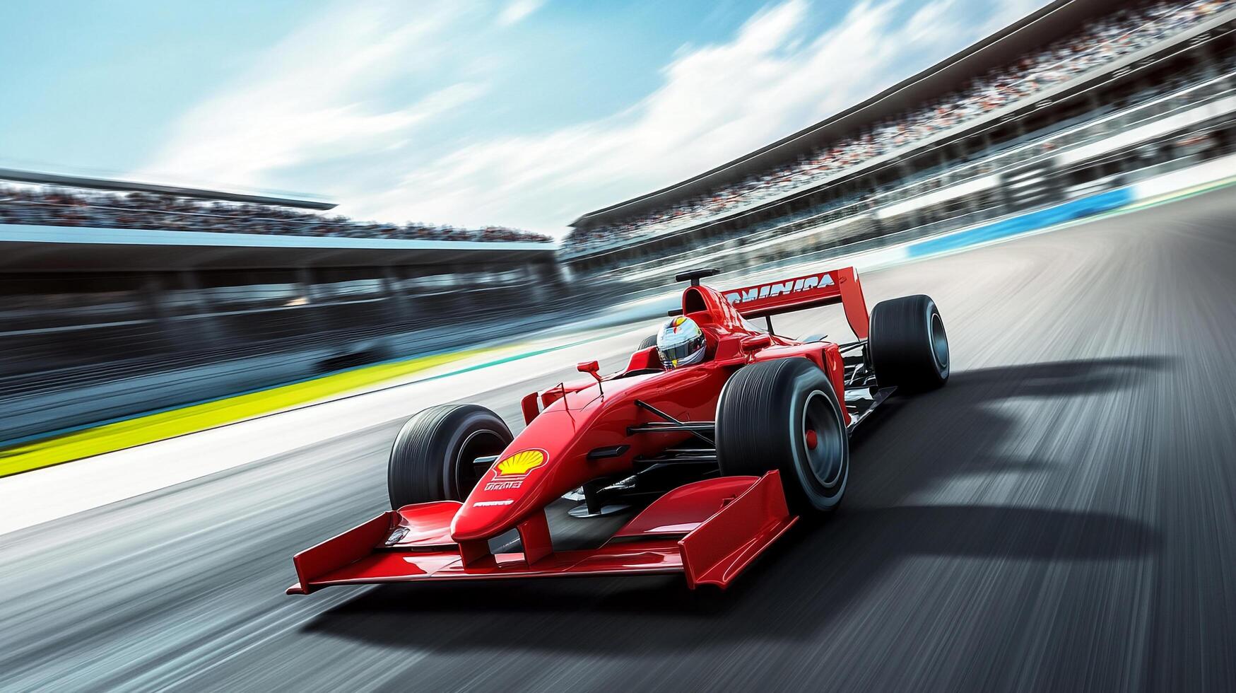 Red race car speeds on track, crowds cheer under blue skies, emphasizing thrilling action and competition in motorsports. photo