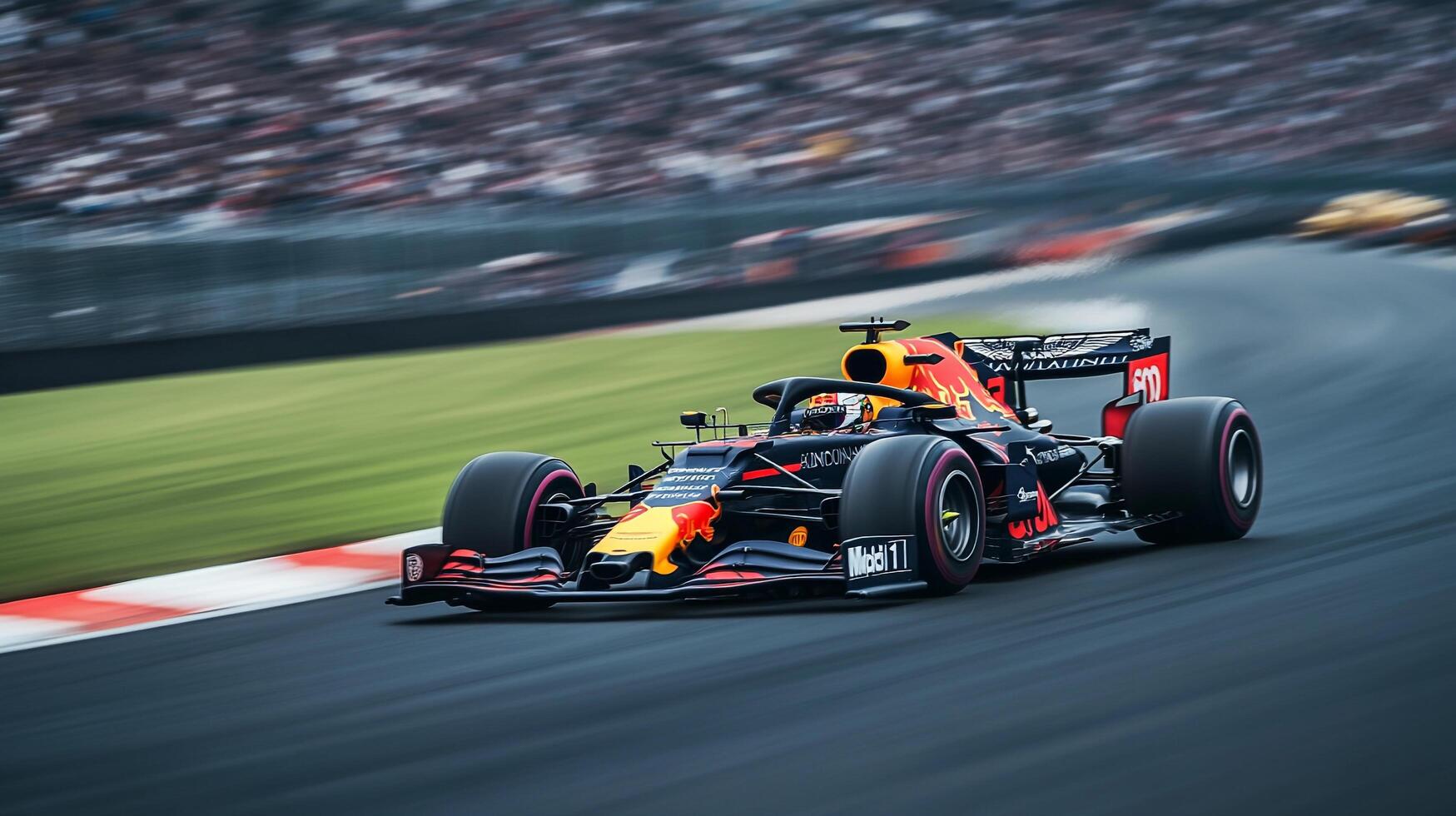 Formula One Race Car speeding on track during competitive event, showcasing modern design and aerodynamics amidst blurred spectators. photo