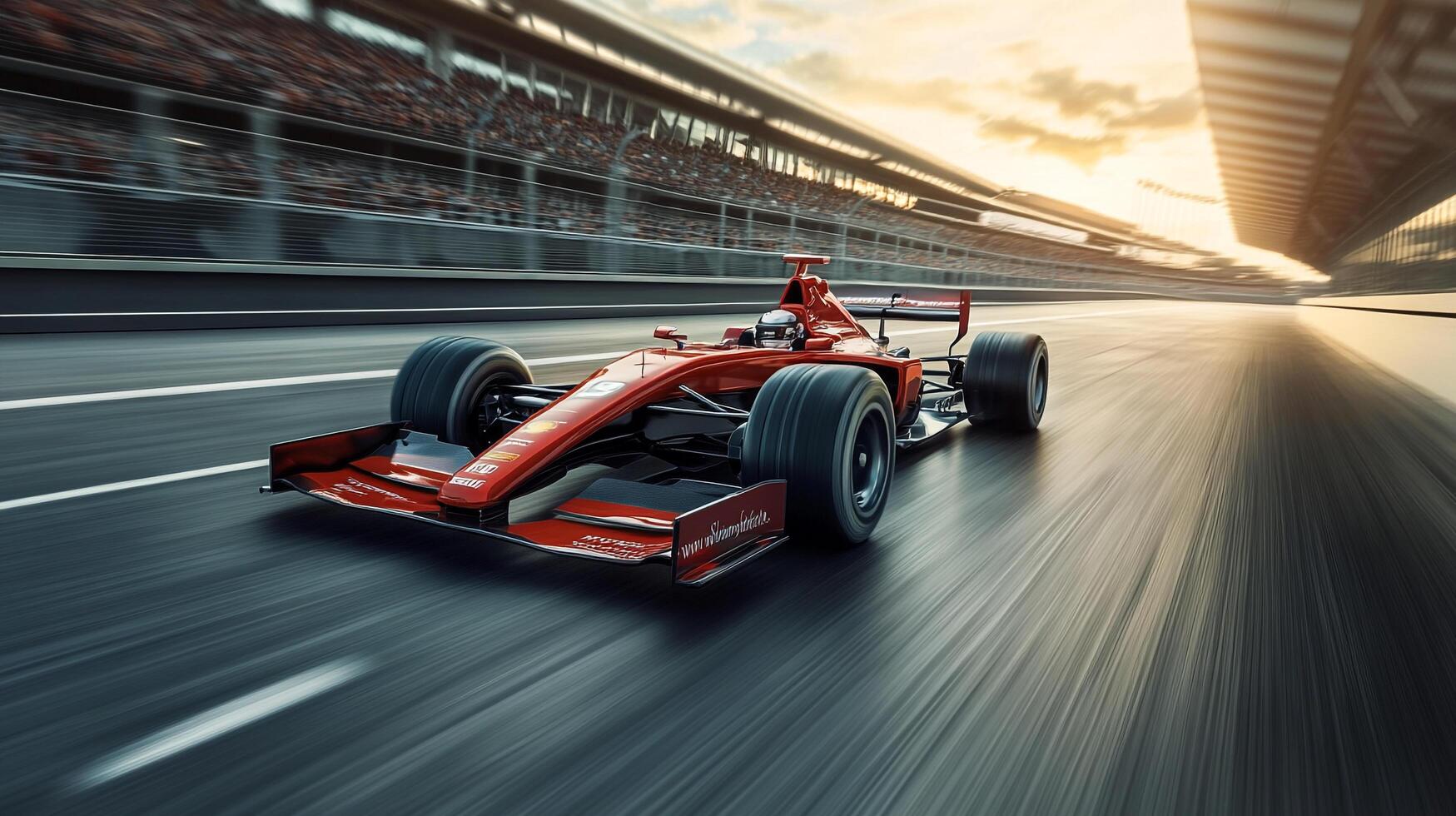 Formula race car speeding on track with blurred motion effect and packed grandstands in background. Focus on the vehicle and competition. photo