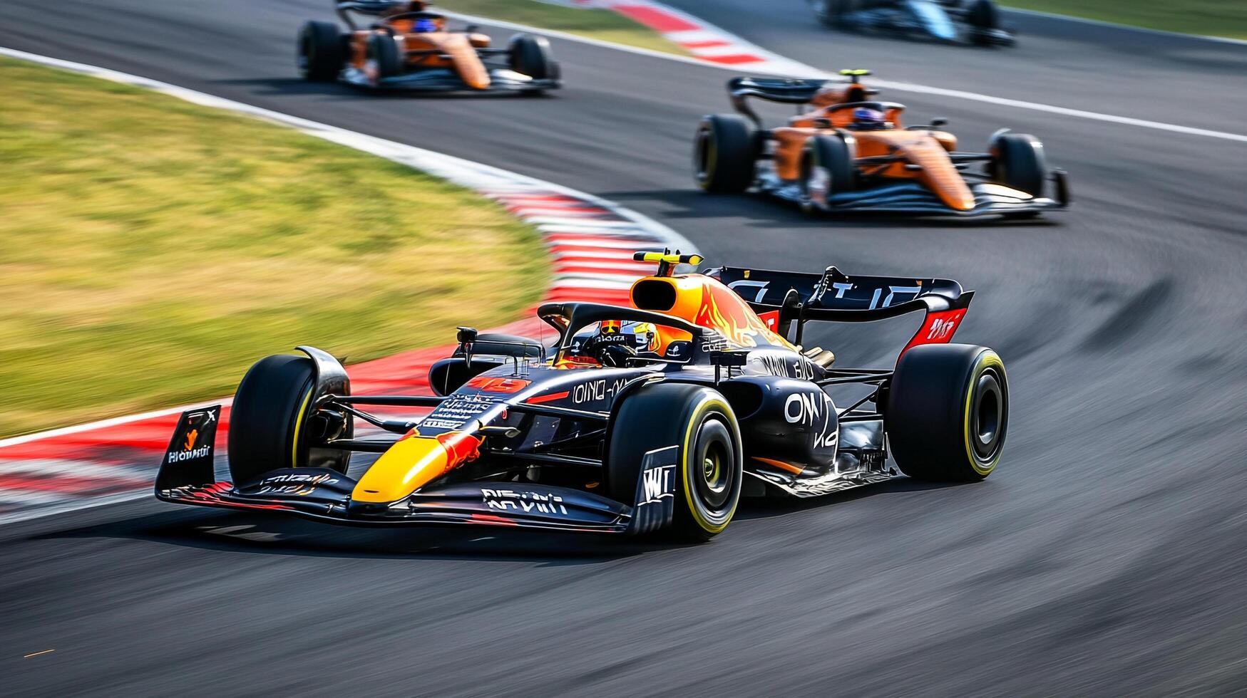 Formula racing car zooms on the track in a racing event, with other cars in the background, captured at a slightly low angle. photo