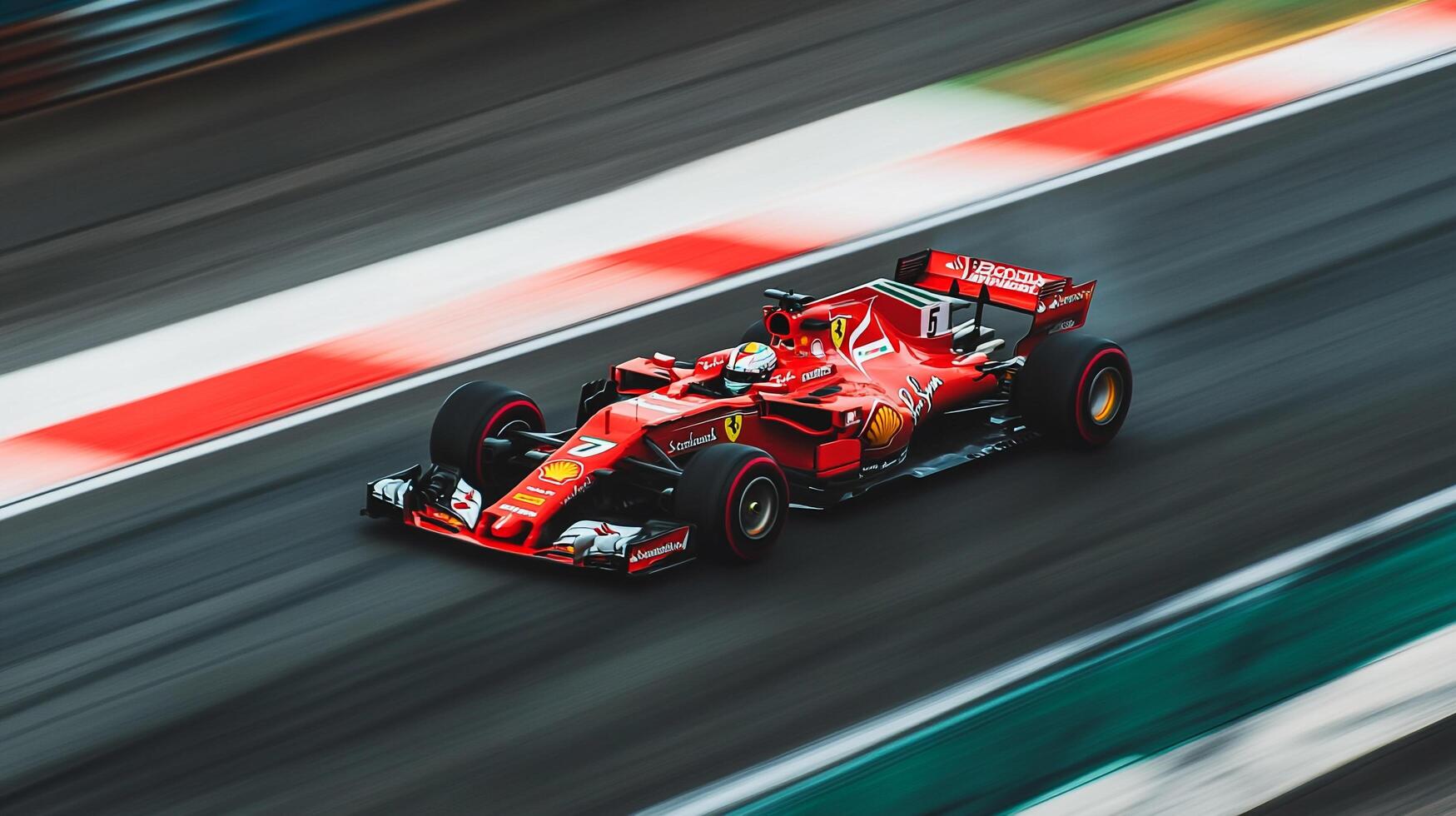 Sleek red race car speeds by on a track. Motion blur and blurred surroundings adds to a sense of high speed and racing drama. photo