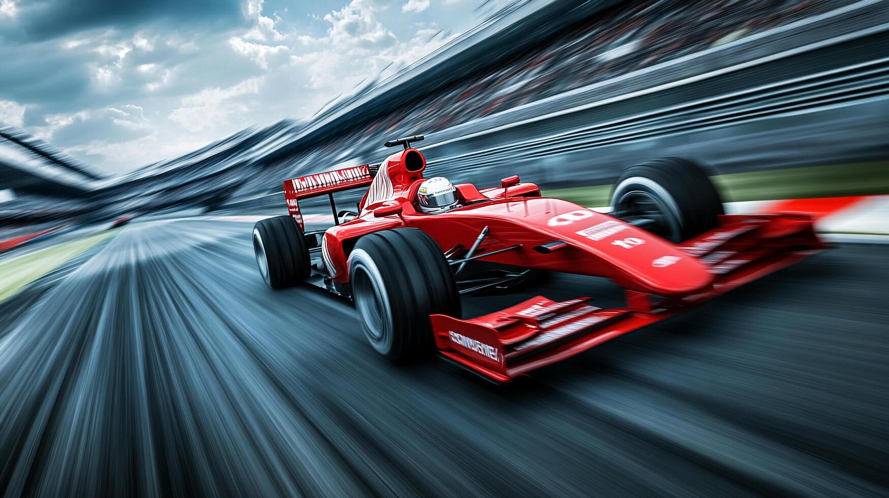 Red formula one race car speeding on a racetrack with motion blur against a blurred background during a daytime event. photo