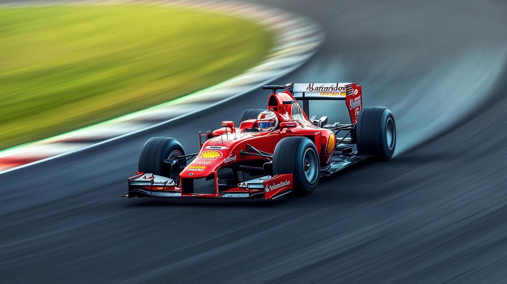 Sleek Red Racing Car Speeding on Track, Driver Focused, Precision Cornering, Intense Competition, High-Performance, Modern Design photo