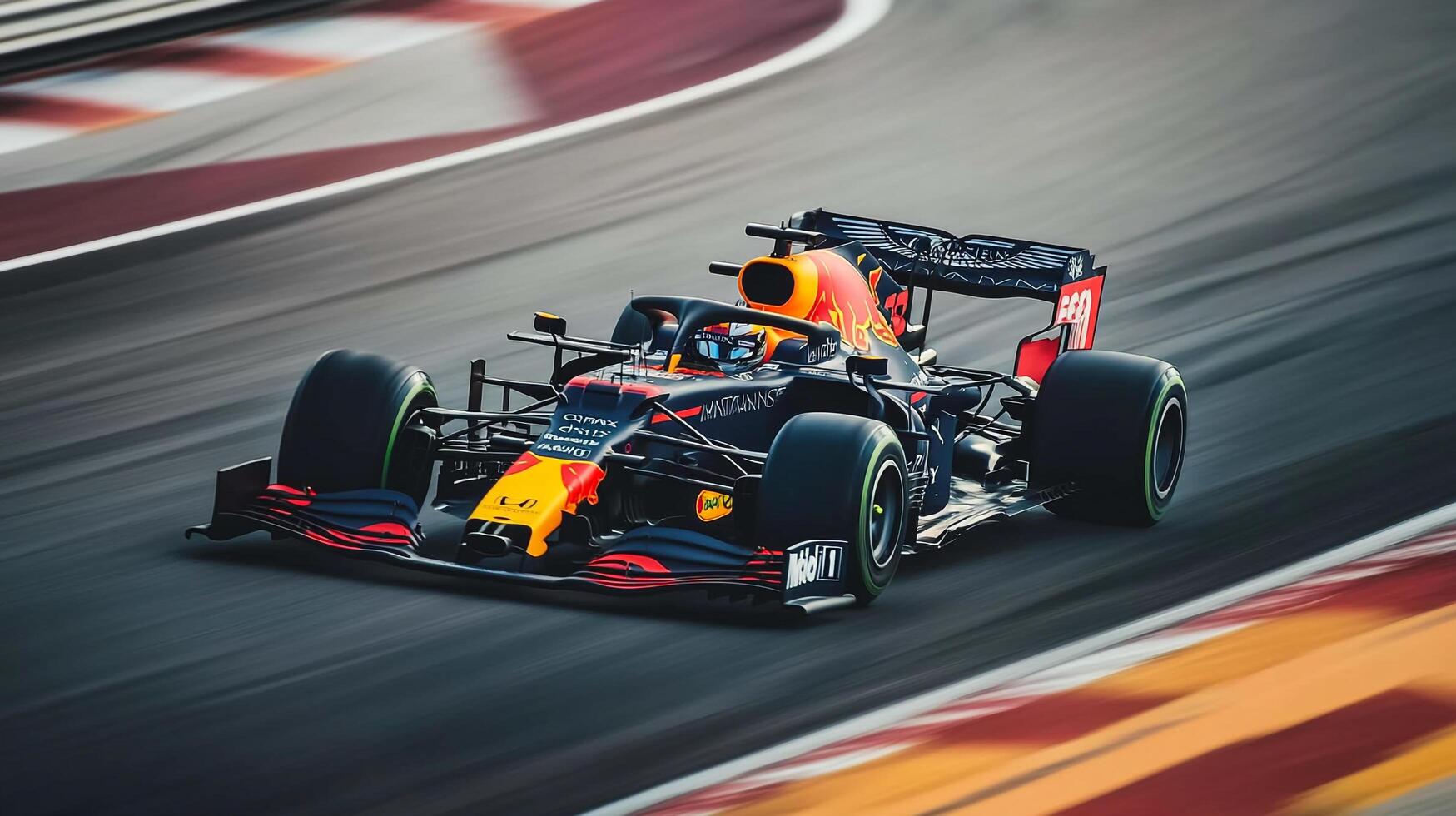 Sleek racecar speeding around the track, blurring the lines between machine and velocity. The asphalt becomes a canvas of speed. photo