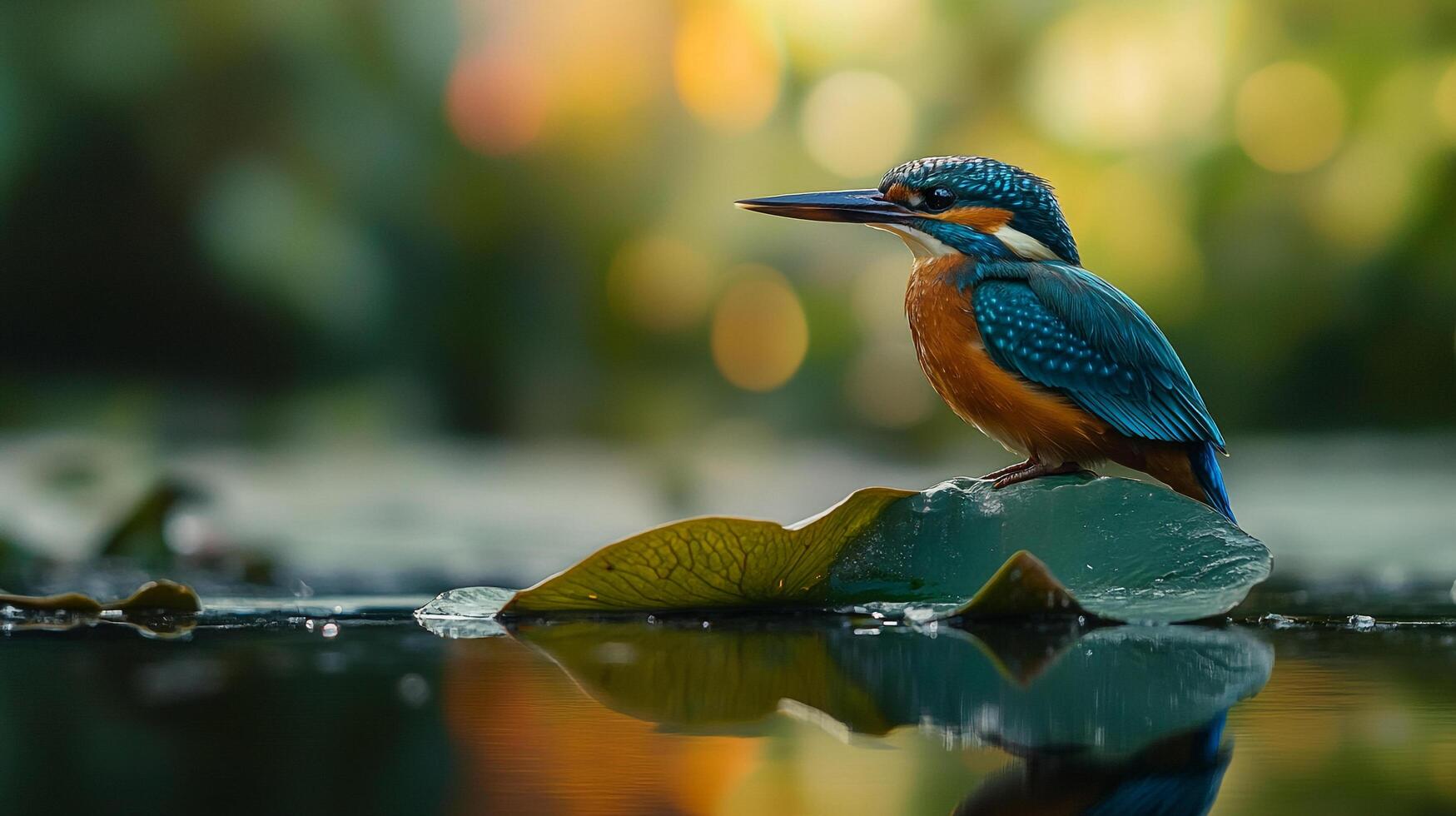 Vibrant kingfisher perched on a leaf, poised above reflective waters in a lush, bokeh-filled setting, capturing nature's serene beauty. photo
