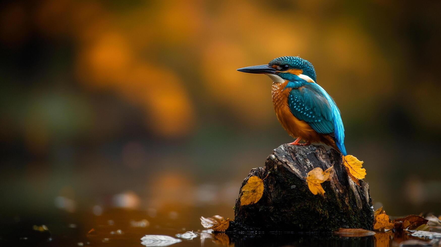 Colorful bird with vibrant plumage resting on a tree stump near water. Peaceful nature scene with blurred background and scattered leaves. photo