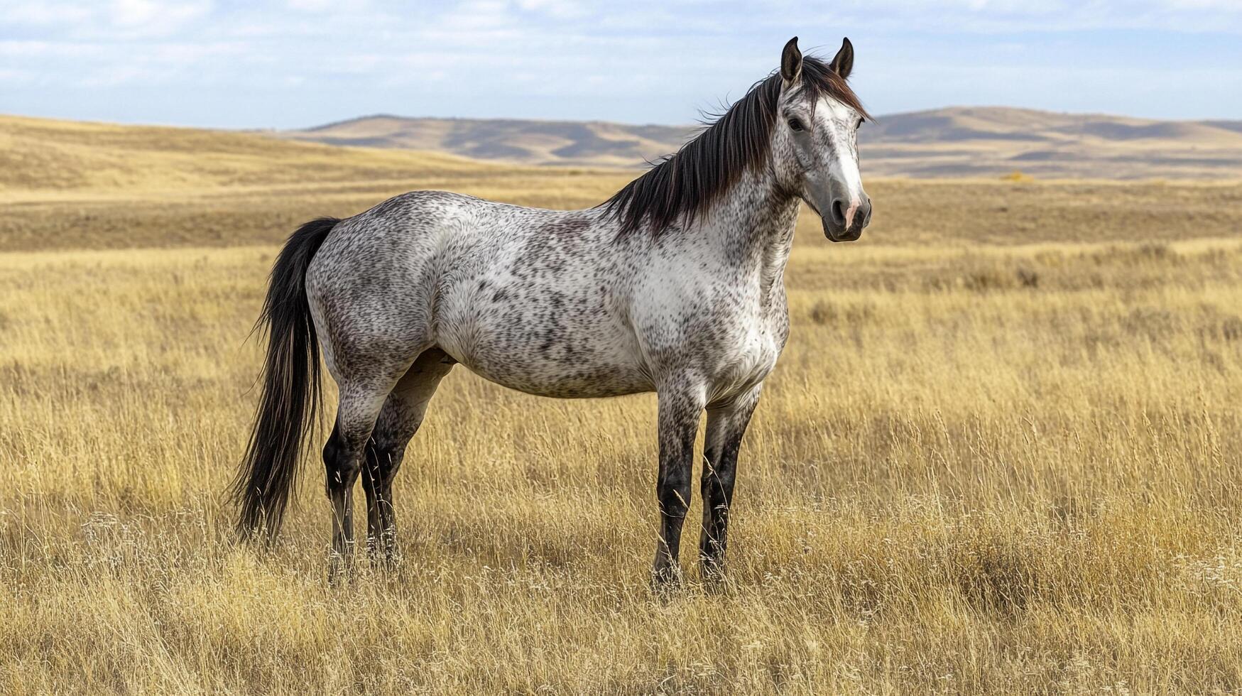 Dappled grey horse stands majestically in a golden field, a serene scene of nature's beauty and equine grace under a cloudy sky. photo
