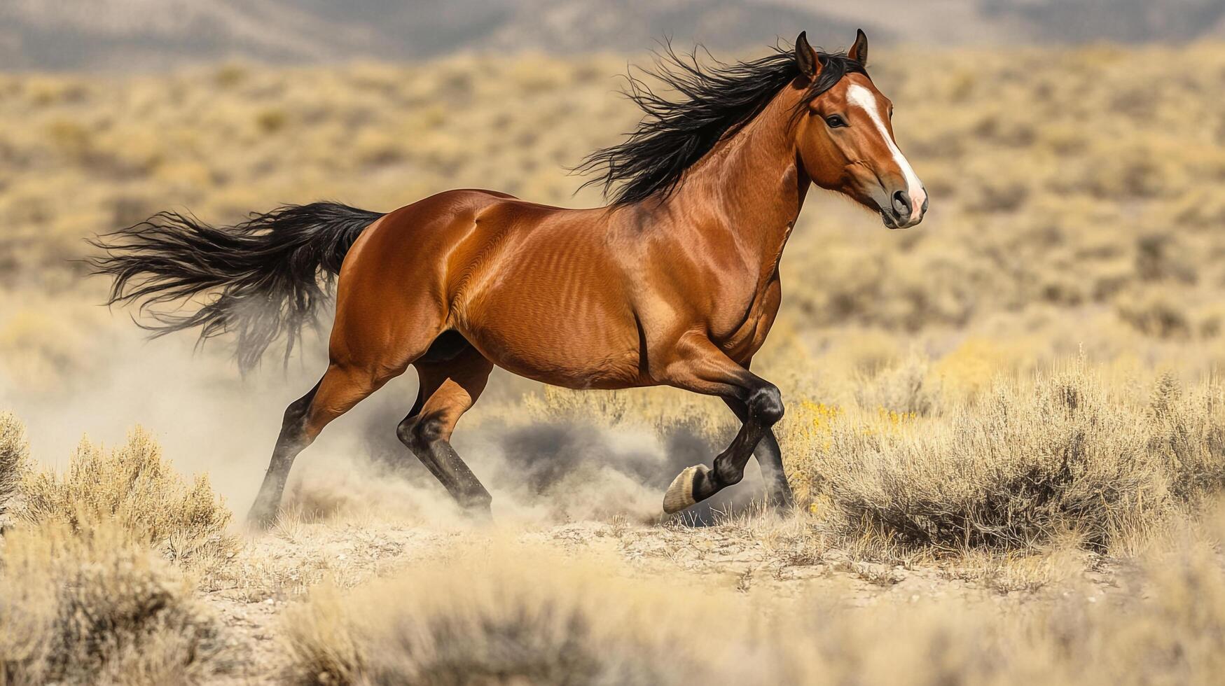 A majestic horse, coat gleaming under the sun, runs freely across a vast, open field, embodying untamed spirit and strength. photo