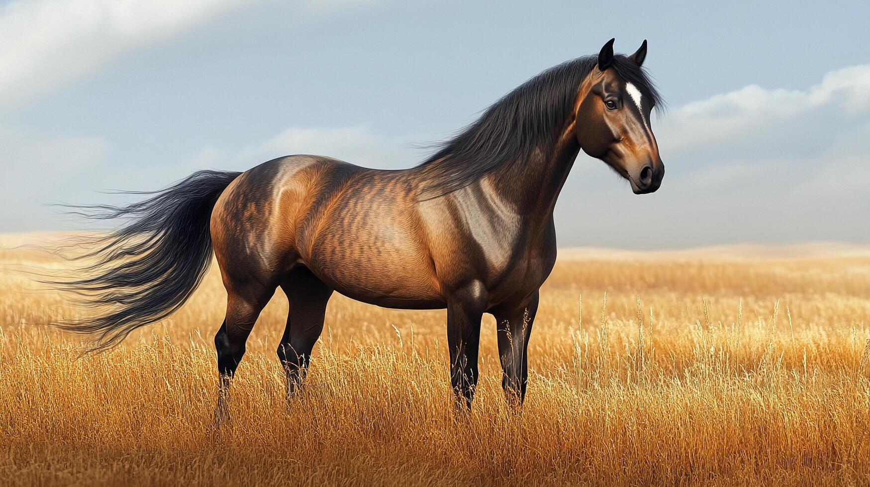 Majestic brown horse standing tall in a field of golden wheat, its dark mane flowing in the breeze beneath a partly cloudy sky. photo