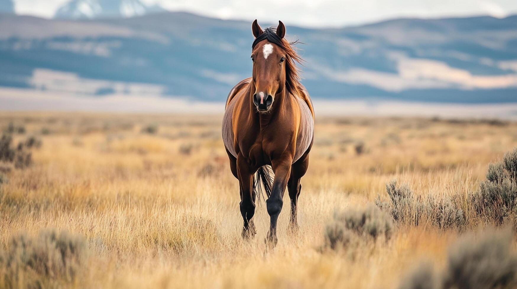 Chestnut horse in a grassy field, mountains in the background. Majestic animal walking toward the viewer in nature, head first. photo