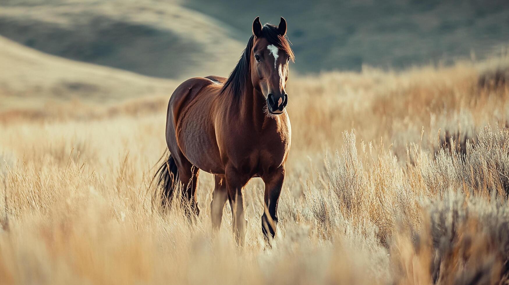 Majestic brown horse standing tall in golden field of grass, showcasing its beauty and connection with nature in rural setting. photo