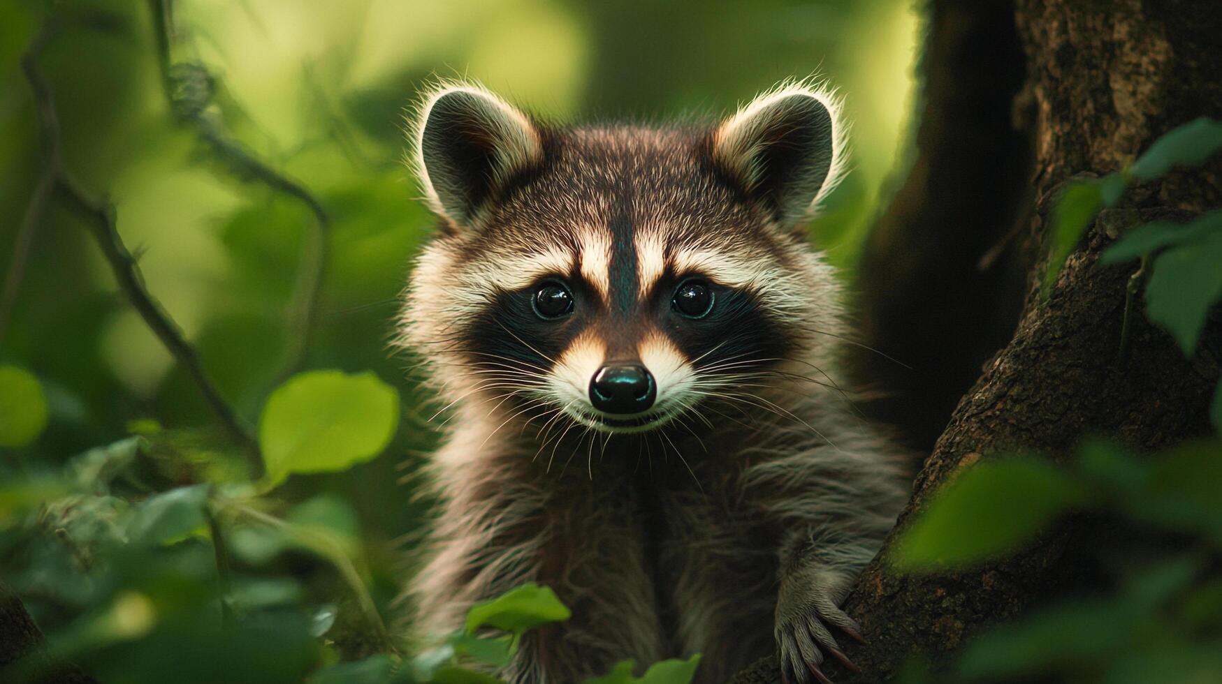 Portrait of a wild raccoon nestled in a tree, framed by lush green foliage. The raccoon has striking markings and a curious expression. photo