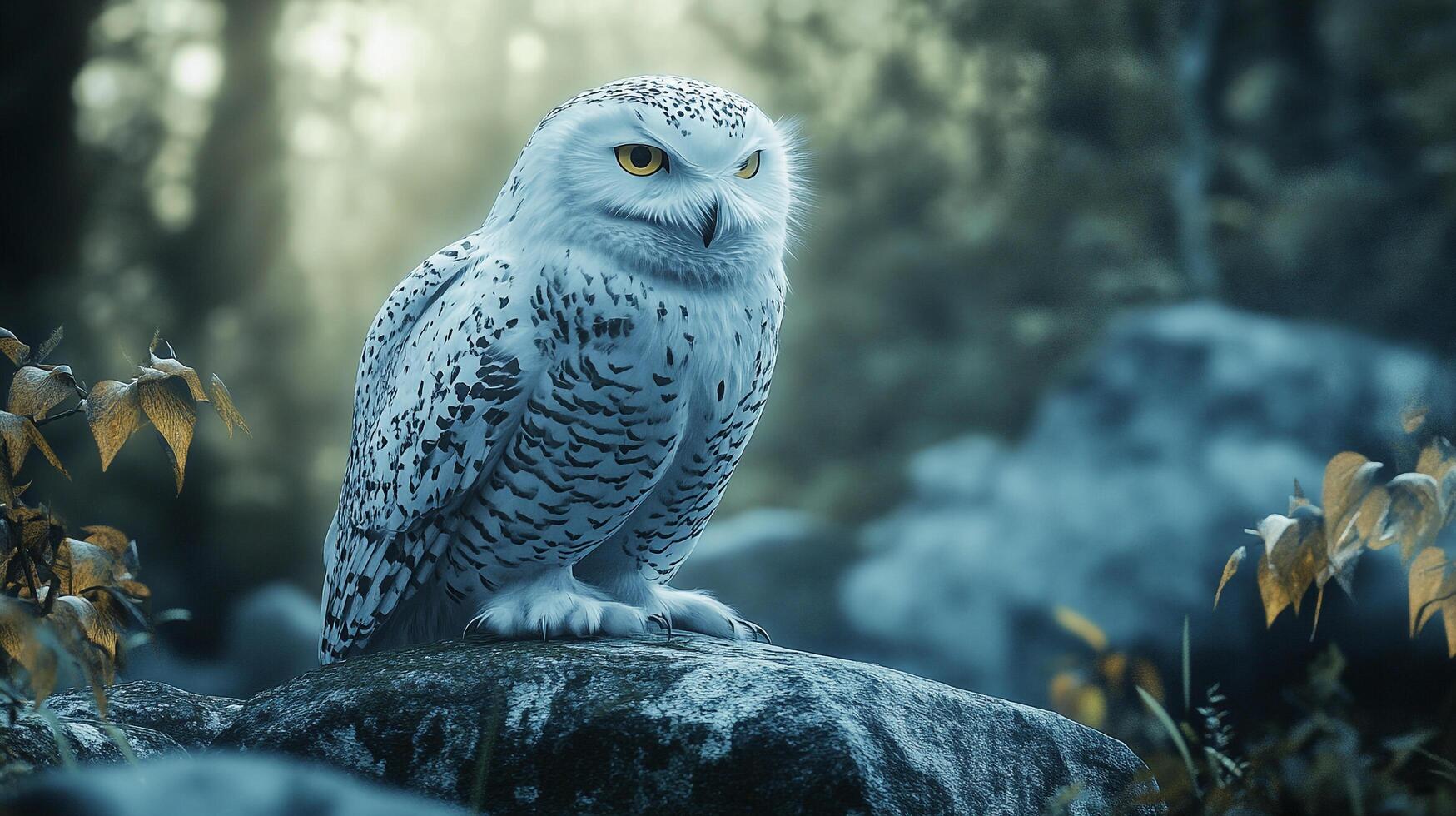 Majestic snowy owl perched on a mossy rock, its piercing yellow eyes surveying the tranquil, sun-dappled forest. photo