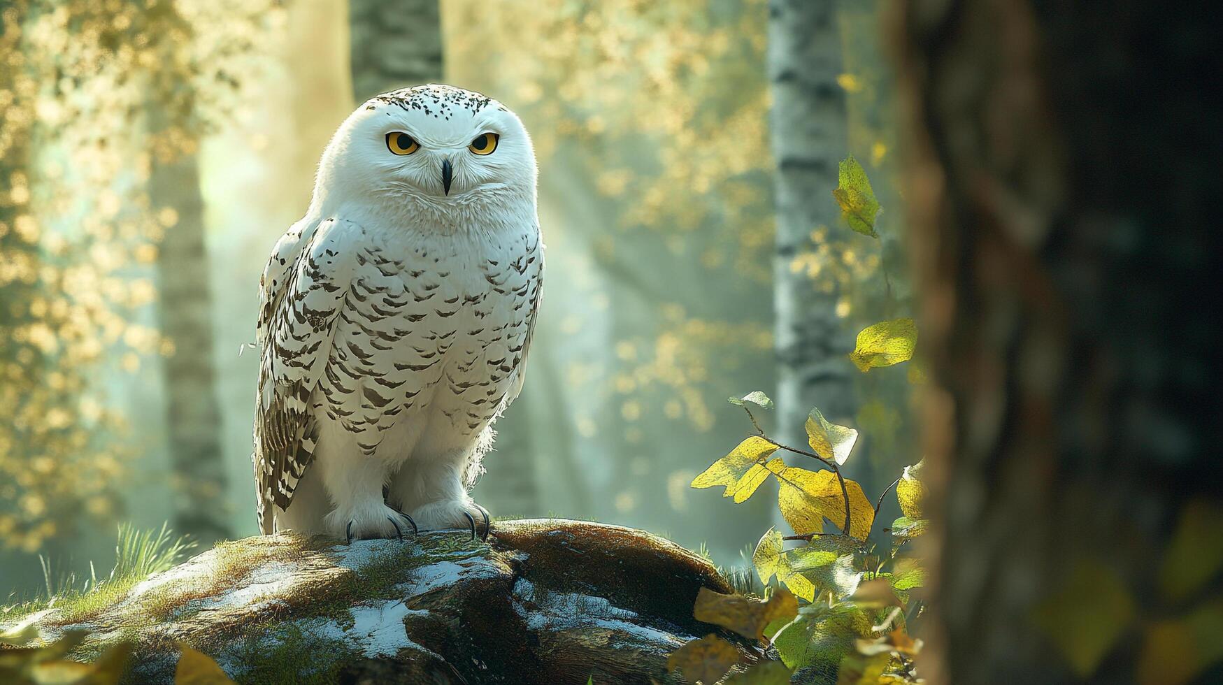 Snowy Owl Perched on a Mossy Log in a Forest Glade, its Yellow Eyes Staring Intently at the Viewer. Nature Scene, serene and majestic. photo