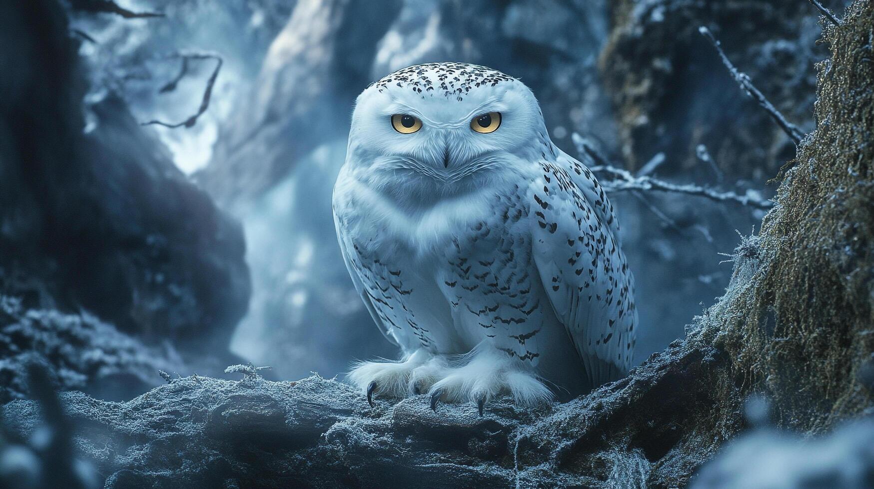 Majestic snowy owl perched in a misty forest. The owl has piercing yellow eyes and a regal posture, surveying its surroundings quietly. photo