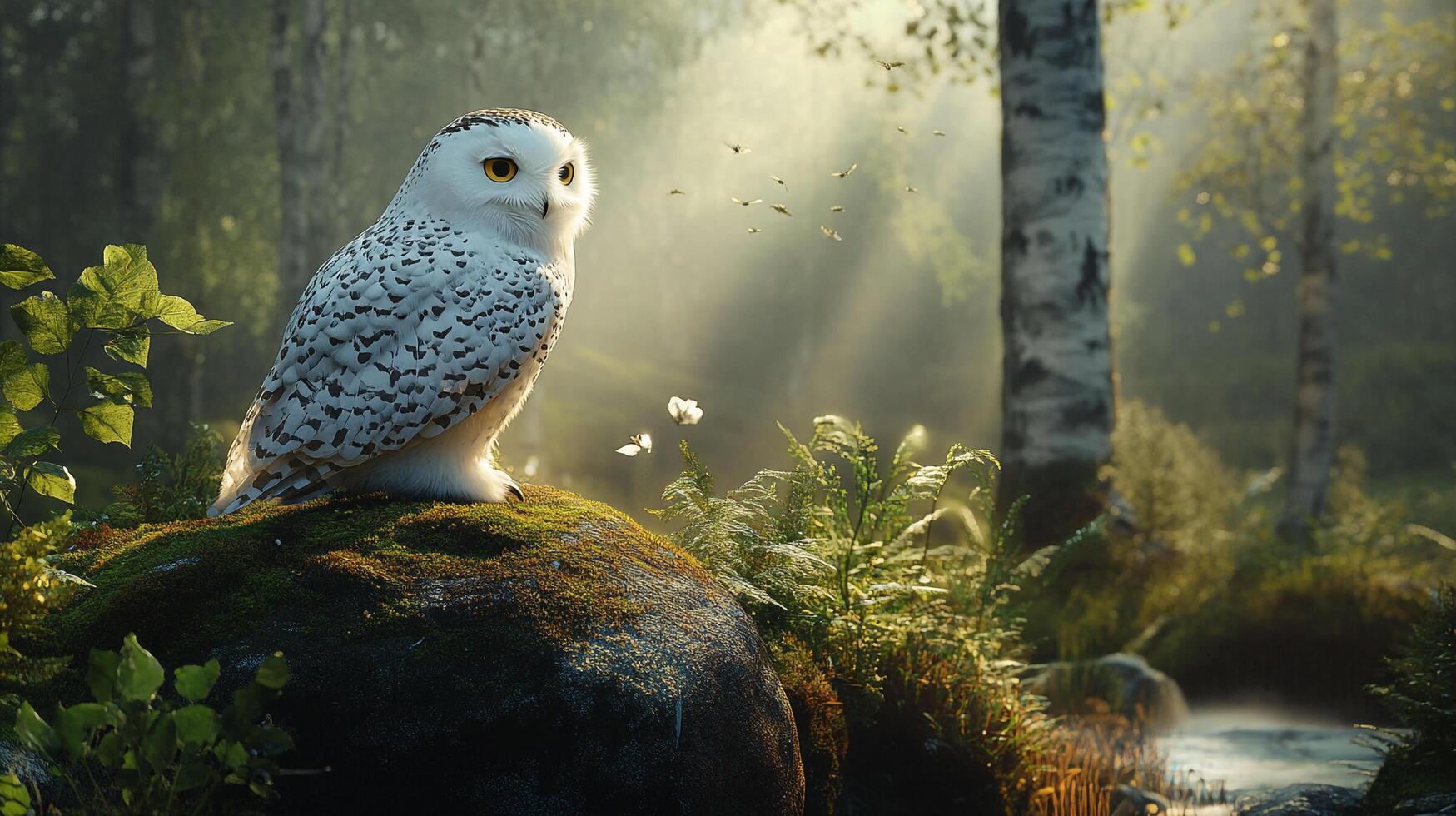 Snowy owl perched on a mossy rock in a sunlit forest, exuding tranquility and natural beauty. The forest is filled with trees and bushes photo