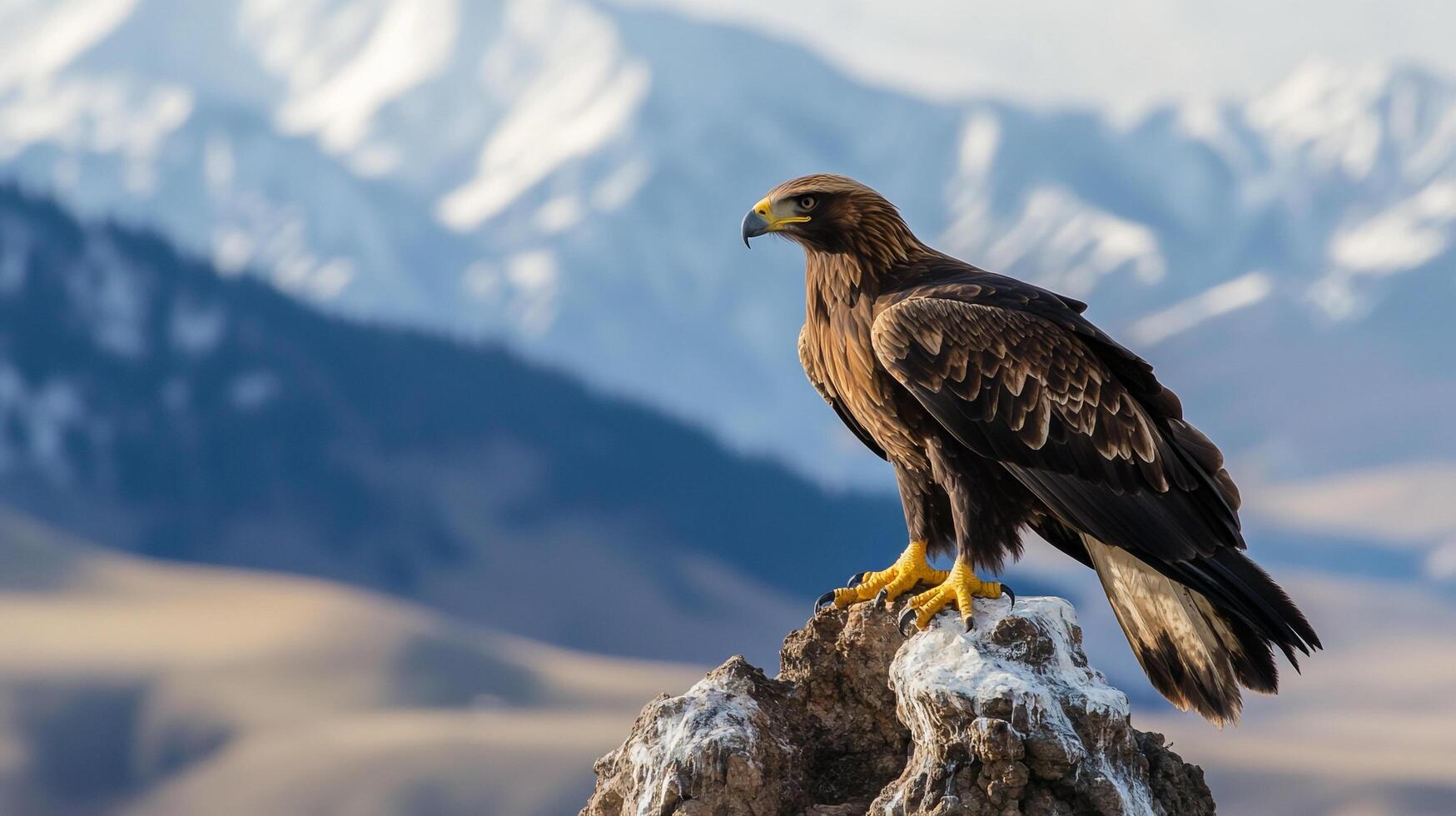 Majestic bird of prey perched on a rocky outcrop, gazing into the distance against a backdrop of snow-capped mountains. photo