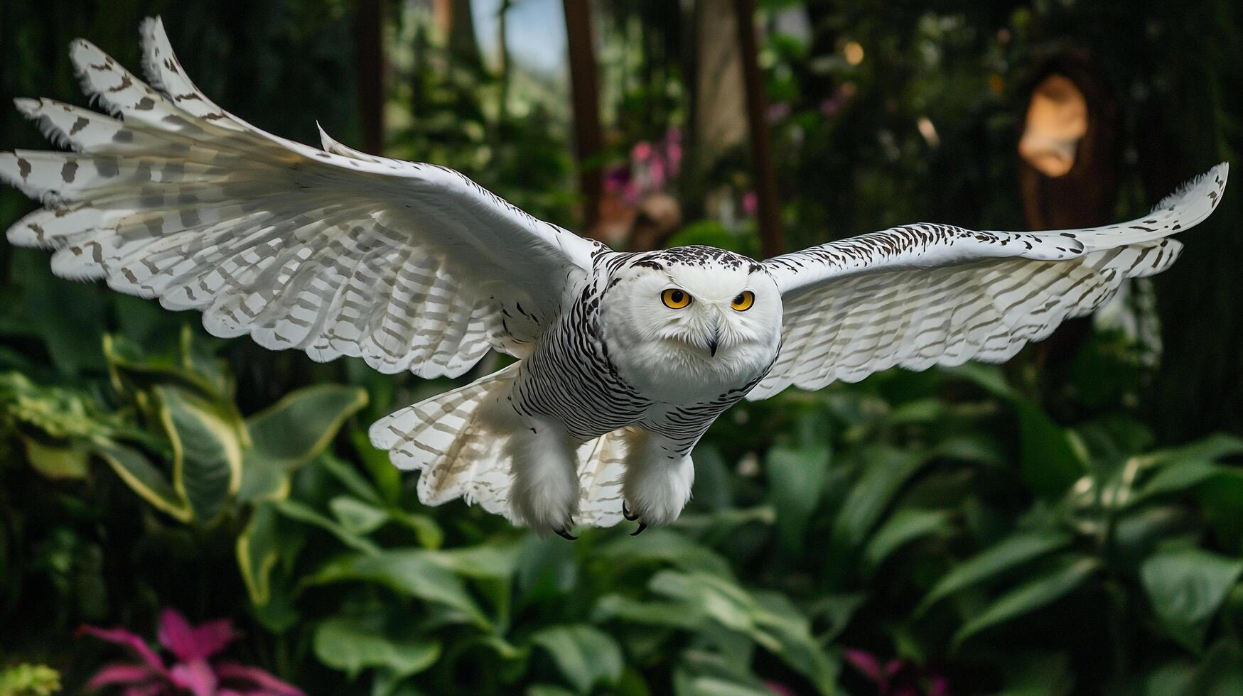 Snowy owl in flight with impressive wingspan soars against a green leafy backdrop in a stunning wildlife display of nature. photo