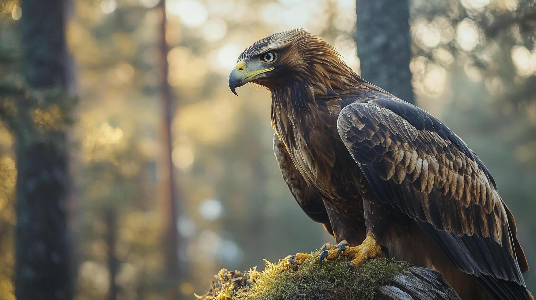 Majestic golden eagle perched regally against a serene forest backdrop, eyes sharp and alert. A symbol of wild freedom. photo