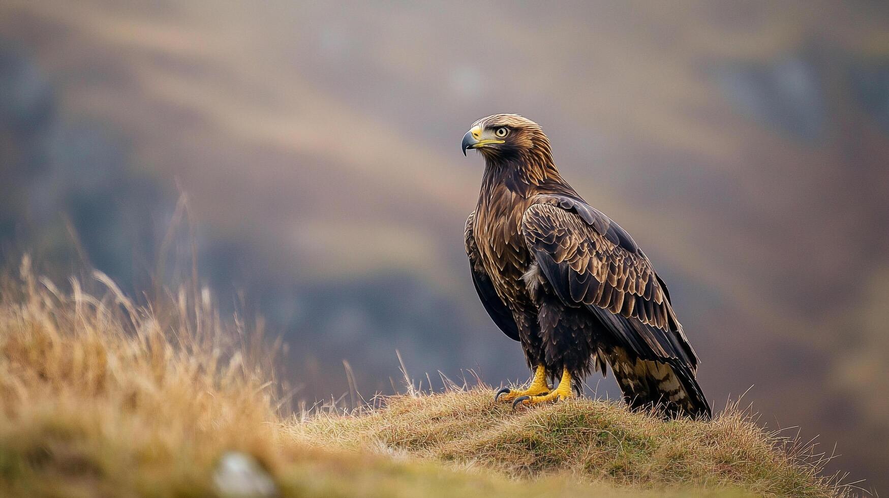 Majestic golden eagle perched on grassy hilltop, showcasing intricate feather patterns and keen gaze against blurred mountain backdrop. photo