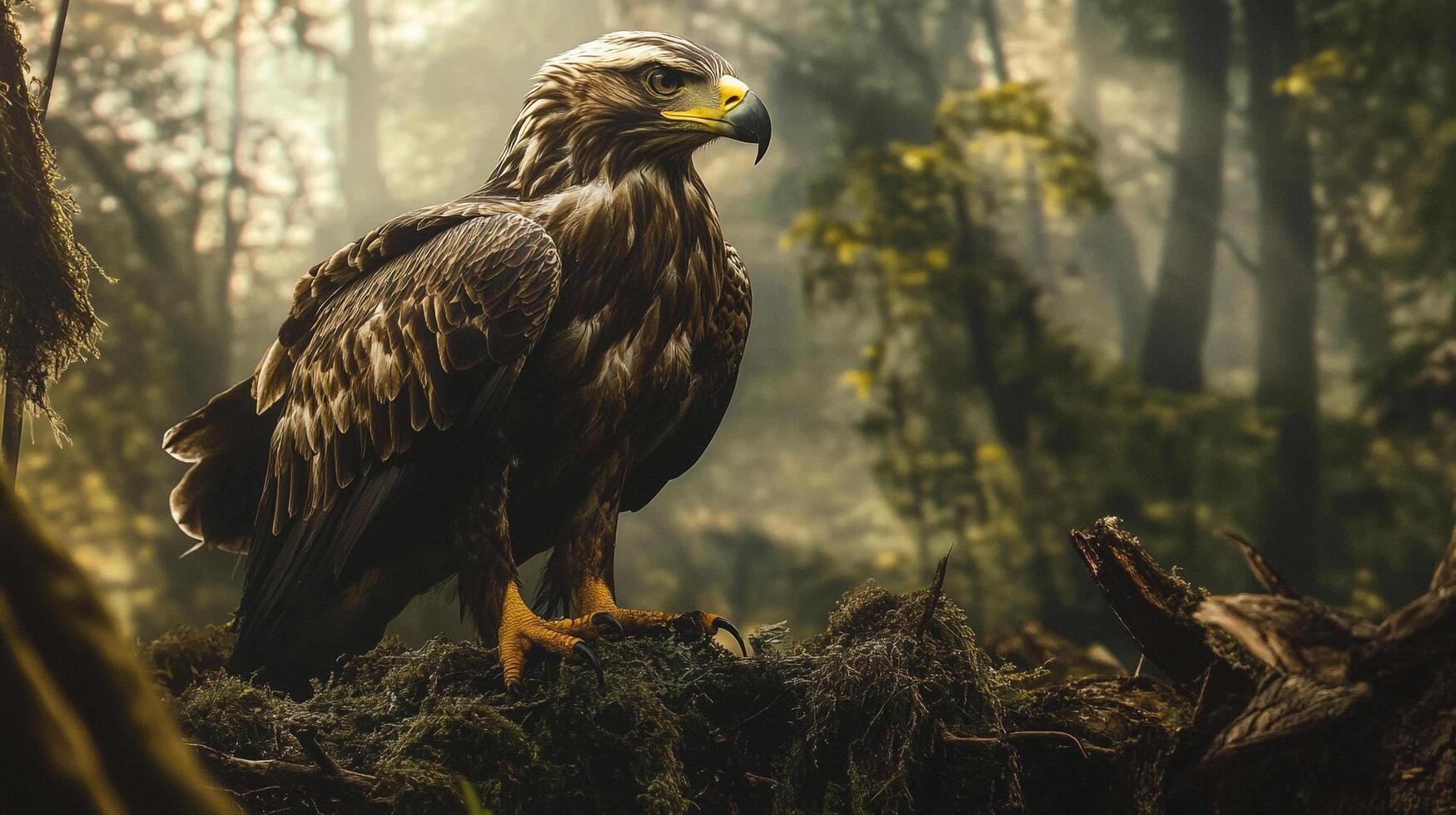 Majestic eagle perched, surveying its domain with piercing eyes, amidst a lush forest, embodying strength and freedom. photo