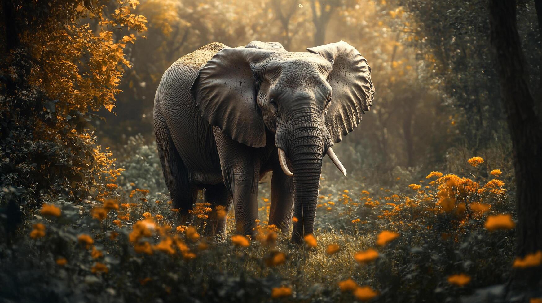 Elephant amidst wildflowers, bathed in golden light, peaceful and majestic in its natural habitat, nature's beauty shines. photo