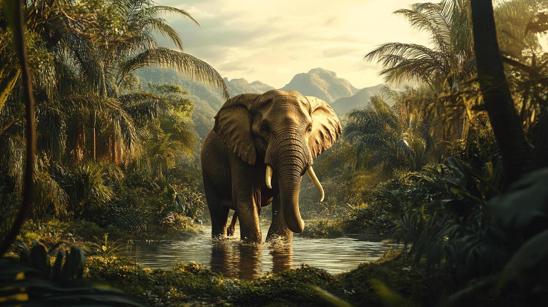 An elephant stands majestically in a jungle stream, surrounded by lush greenery, mountains and palm trees under a serene sky. photo