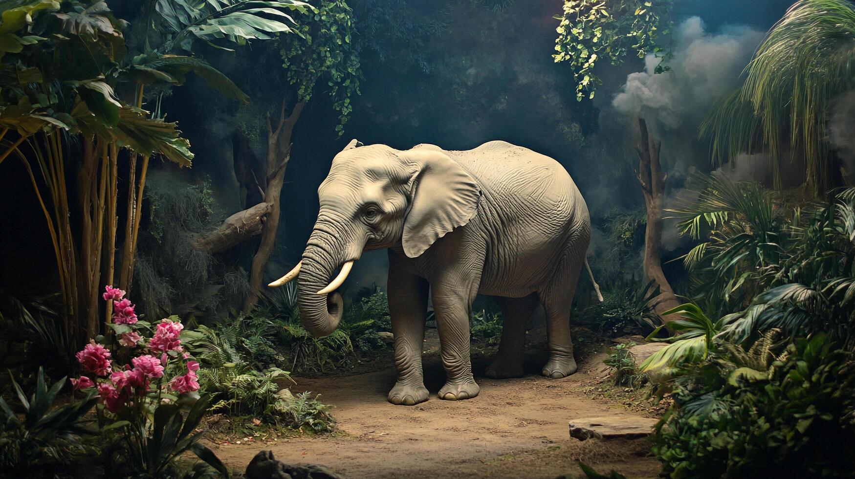 Elephant standing majestically in a lush jungle environment, surrounded by greenery and a sense of serene wilderness. photo