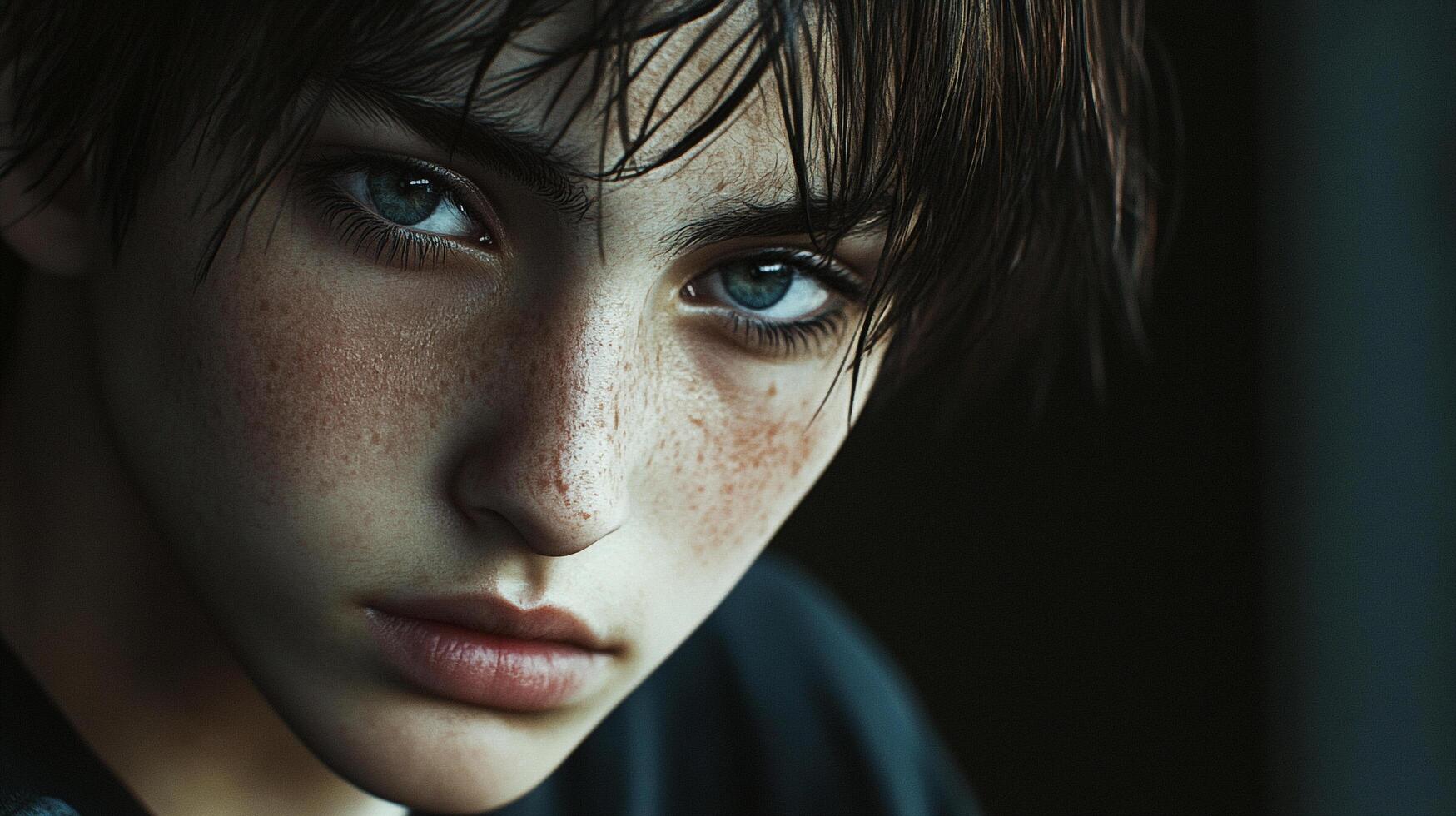 Intense portrait of a young person with piercing blue eyes, freckled skin, and dark hair, set against a muted, shadowed backdrop. photo