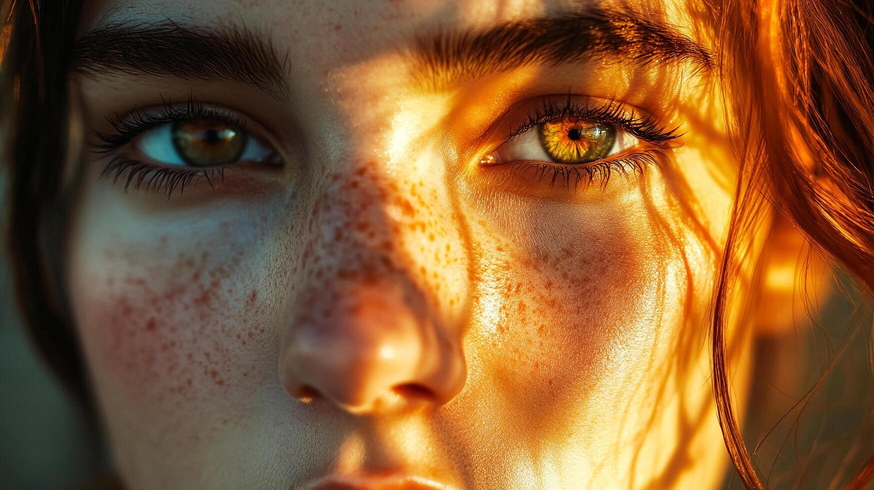 Close-up portrait of a beautiful woman with freckles, lit by warm golden light, highlighting her mesmerizing green eyes. photo