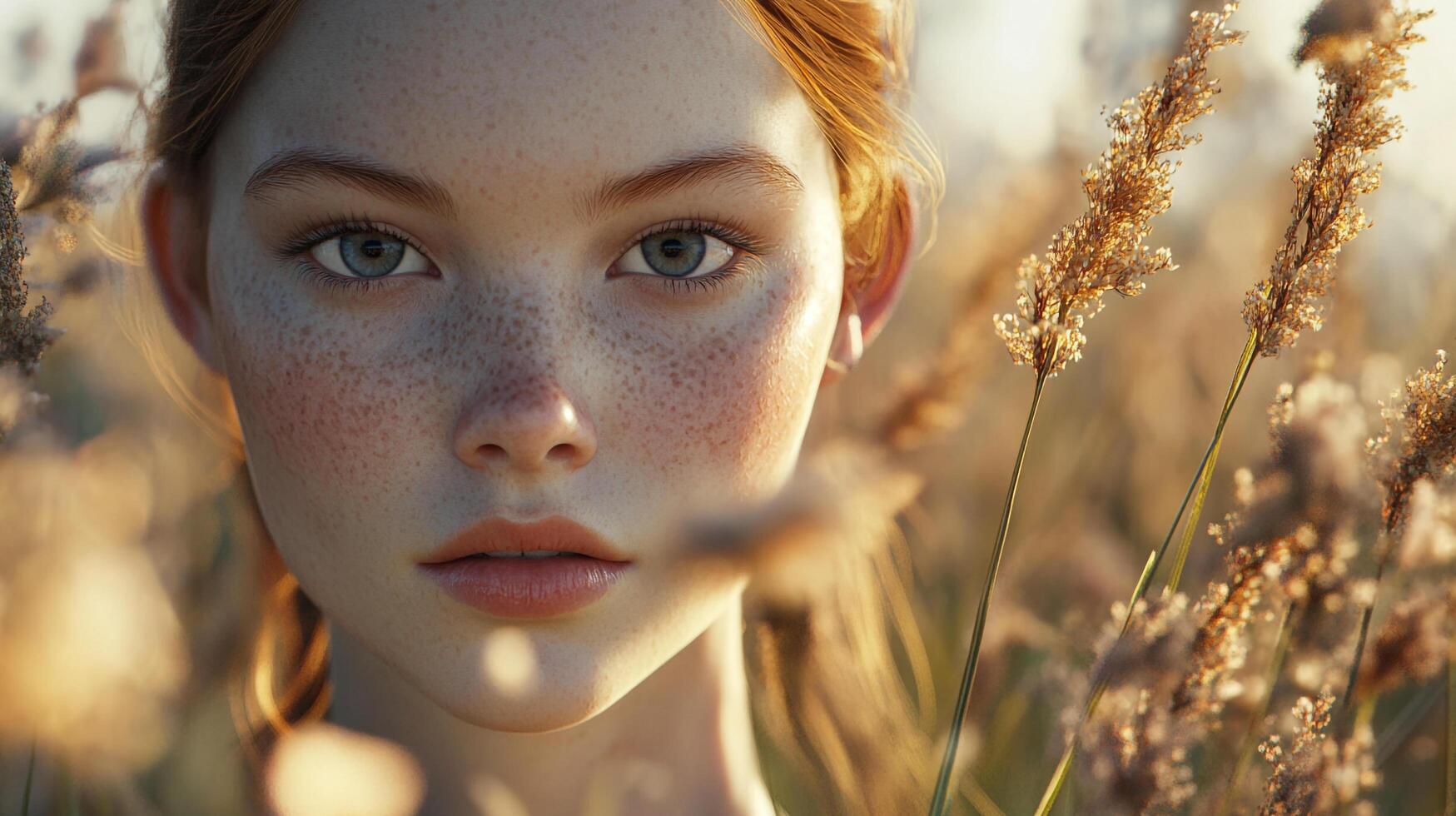 Portrait of a young woman with freckles and red hair, surrounded by tall golden wheat under a dreamy, sunlit sky. Serene and timeless. photo