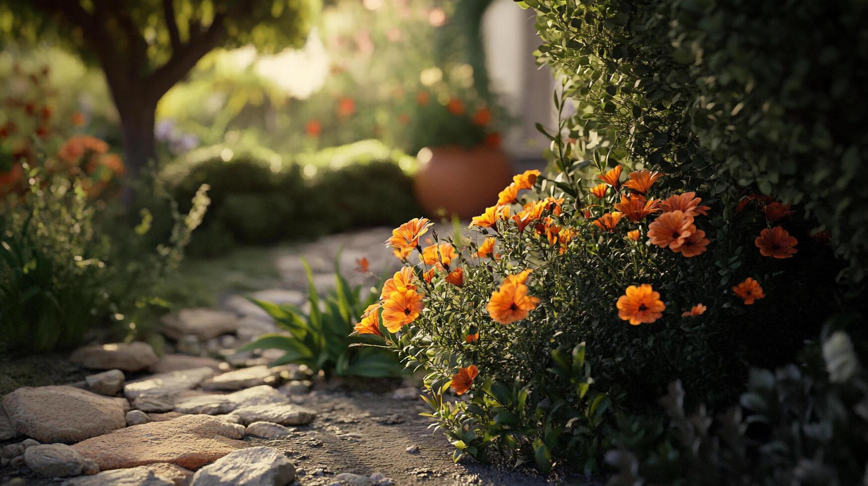 Lush garden path with orange flowers and greenery under dappled sunlight, creating a serene and picturesque landscape setting. photo