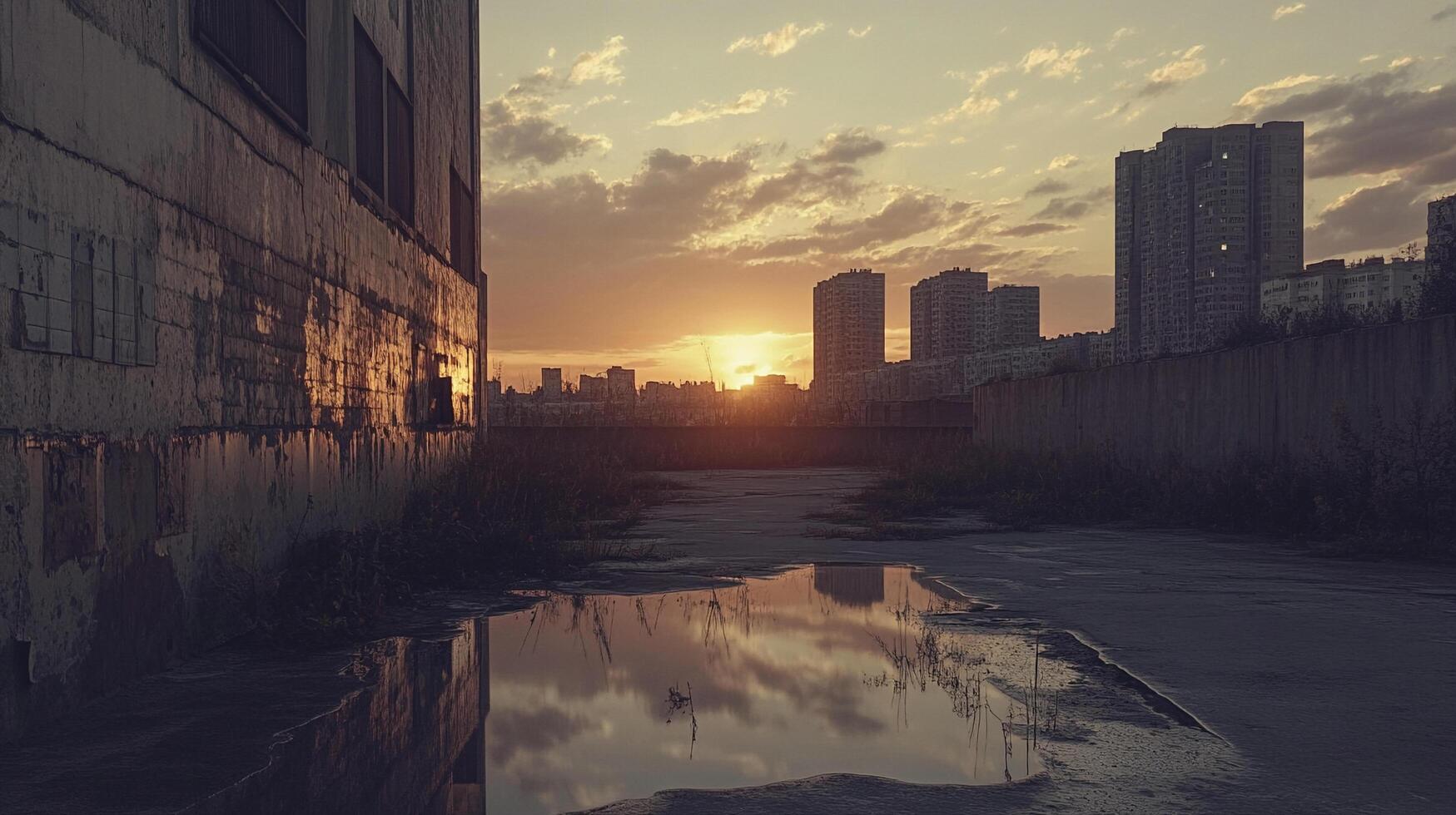 Urban sunset over a concrete landscape with water reflection and silhouette of buildings, creating a scene of melancholy beauty. photo