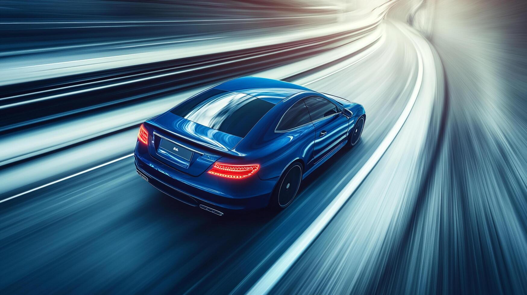 A blue coupe speeds along a blurry asphalt road, motion blurring creates a sense of speed and excitement, showing transport. photo