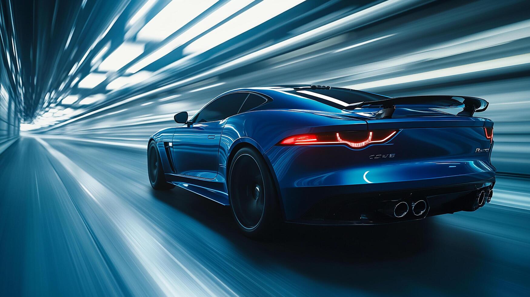 A stunning blue vehicle speeds through a light-streaked tunnel, showcasing sleek design and powerful motion. A dynamic display of automotive elegance. photo