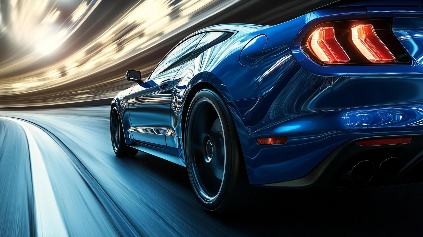 A sleek blue sports car is captured in motion on a winding road, showcasing speed and power with blurred surroundings for dynamic effect. photo