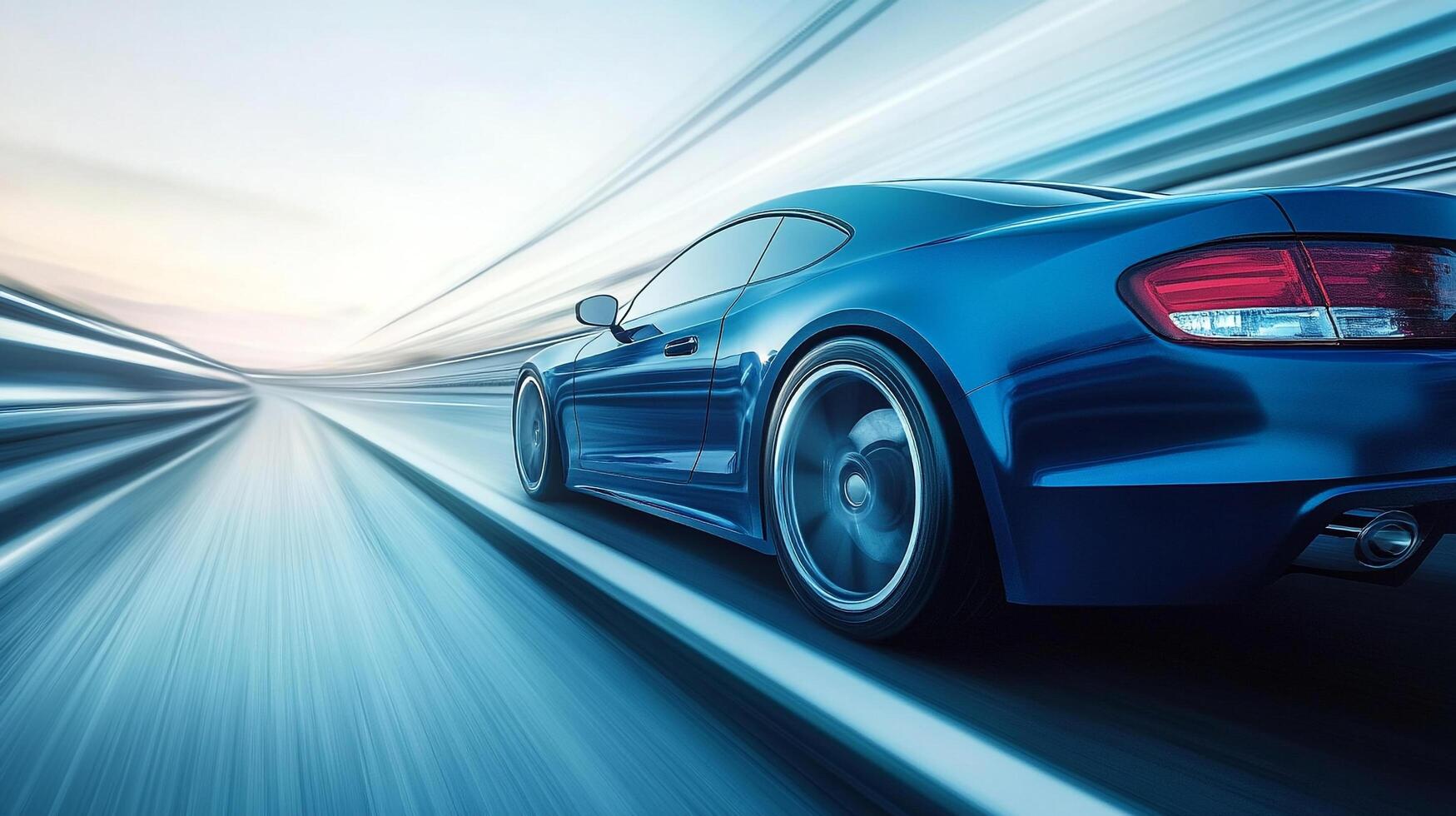 A sleek blue sports car speeding down an abstract road with motion blur effect creating a sense of speed and dynamism. photo