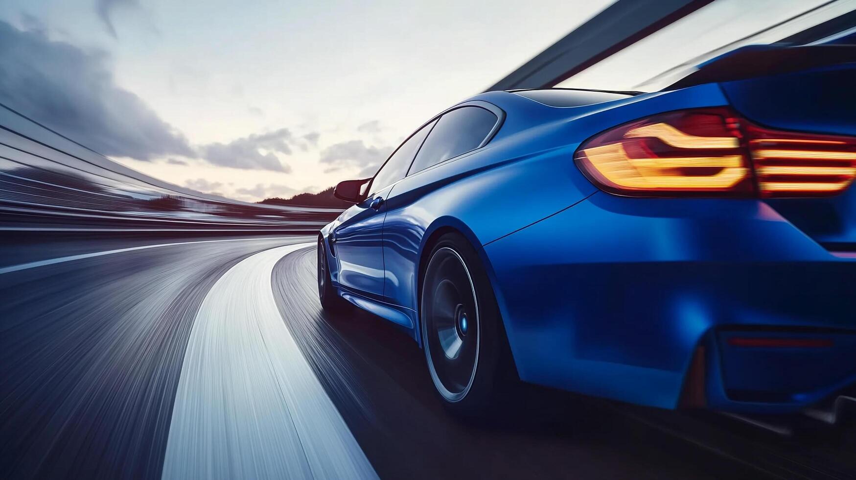Blue car driving on the open road at speed with blurred motion, suggesting movement and speed against a vibrant, expansive backdrop. photo