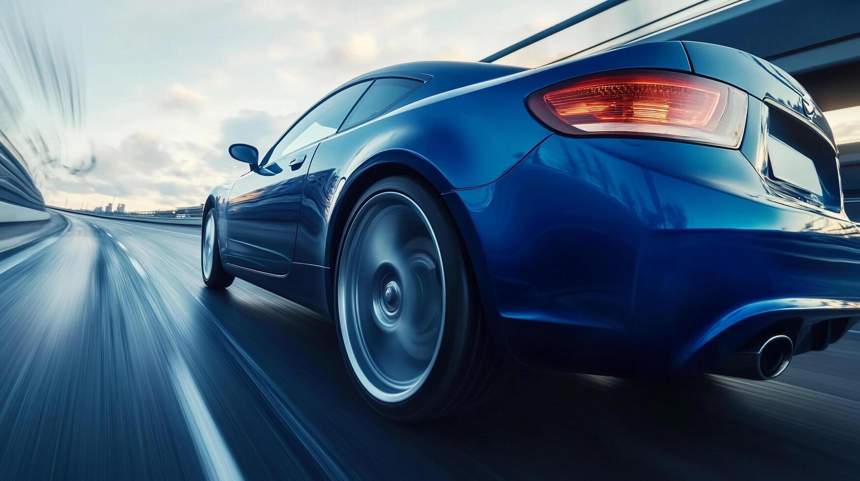 Blue sports car speeding on highway with blurred background and motion creating a sense of adventure, speed and a fast-paced journey. photo