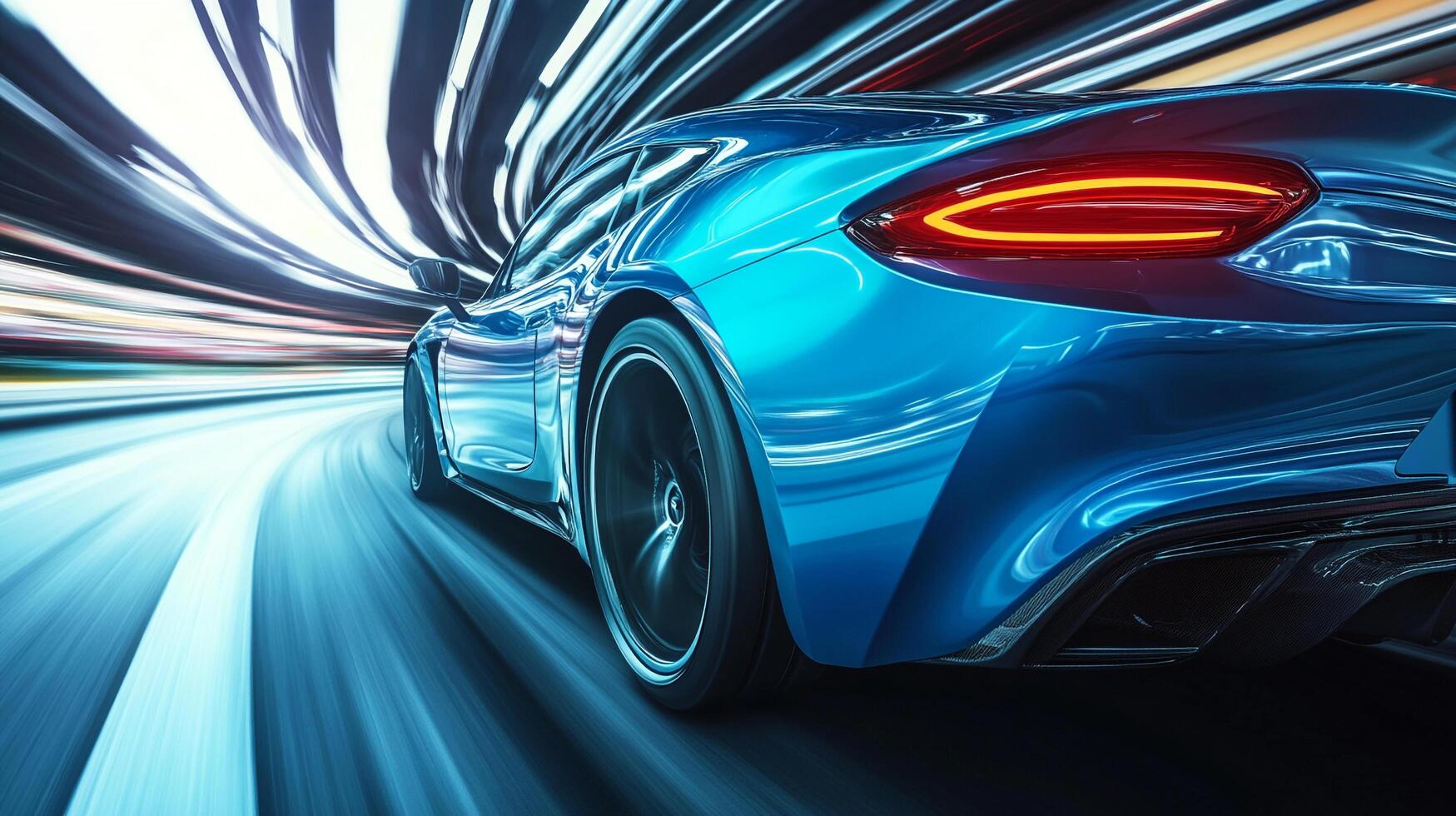 A sleek blue car speeds through a tunnel of light, motion blur creating a dynamic effect, showcasing speed and modern design. photo