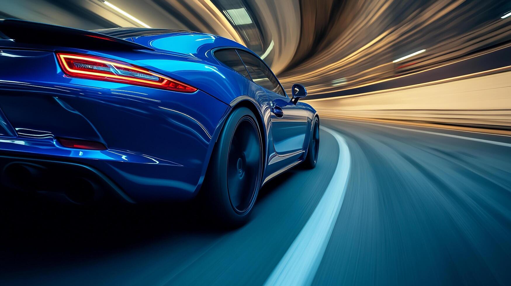 Sleek blue sports car races through tunnel, motion blur conveys speed and power, rear view, highlighting modern design and aerodynamics. photo