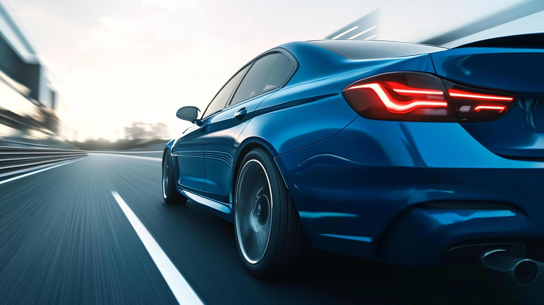 Blue sports car in motion. The vehicle demonstrates speed and performance on a highway. The scene captures the essence of driving. photo