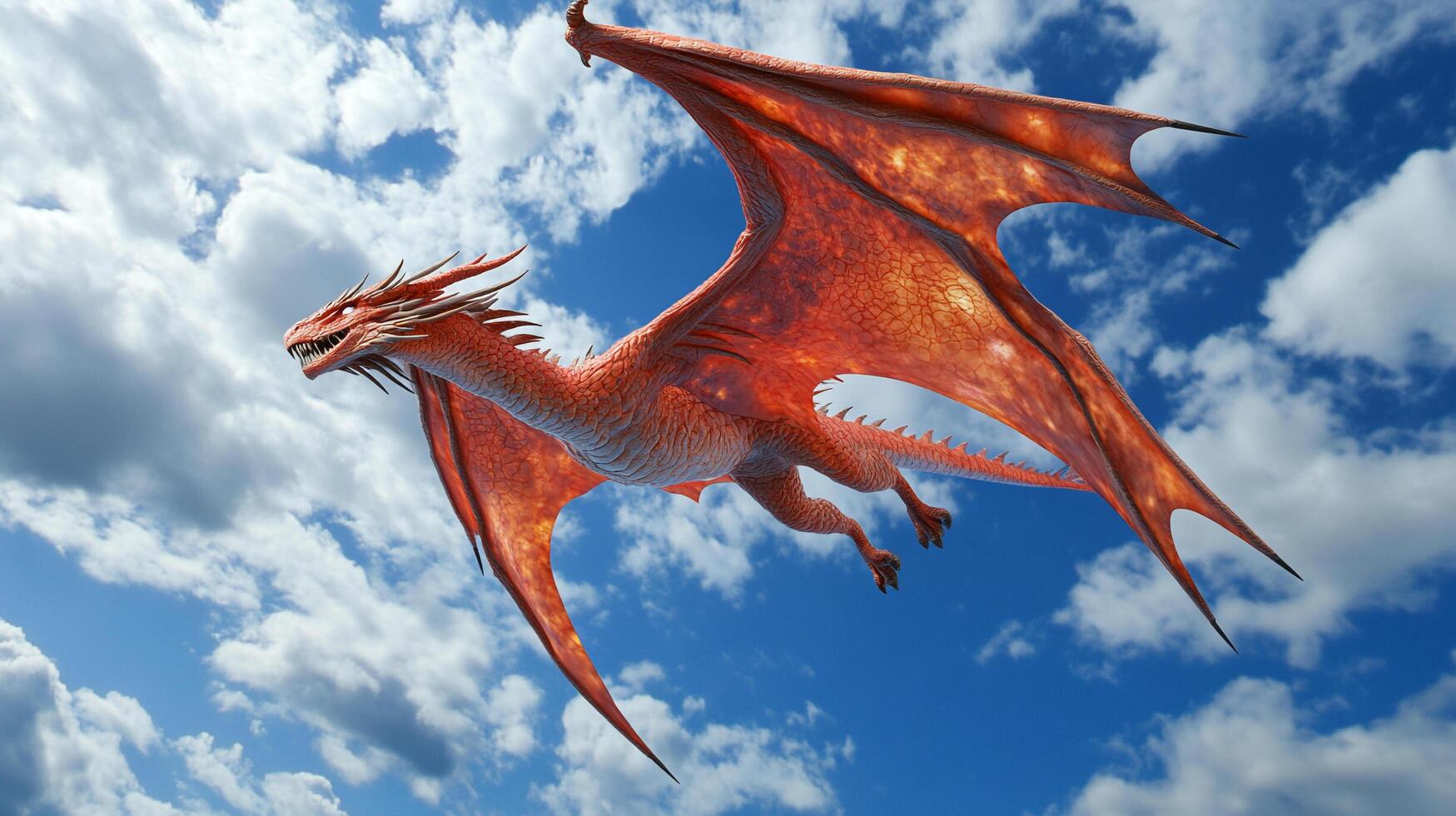Crimson dragon soars through the bright blue sky, wings spread wide against a backdrop of fluffy white clouds. Powerful and majestic. photo