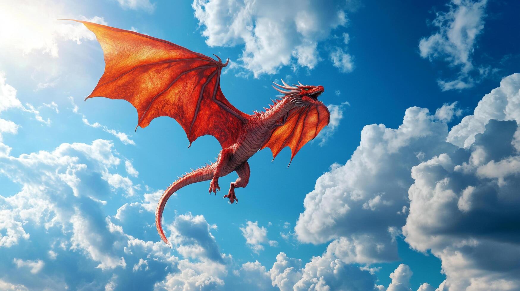 A majestic red dragon soars through a vibrant blue sky dotted with fluffy white clouds. A symbol of power, adventure, and freedom in flight. photo
