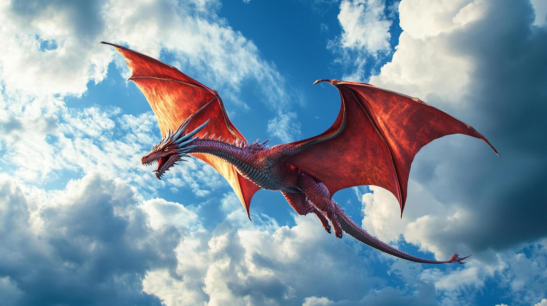 A vibrant red dragon soars through a bright blue sky dotted with puffy white clouds, its wings spread wide, showcasing its magnificent form. photo