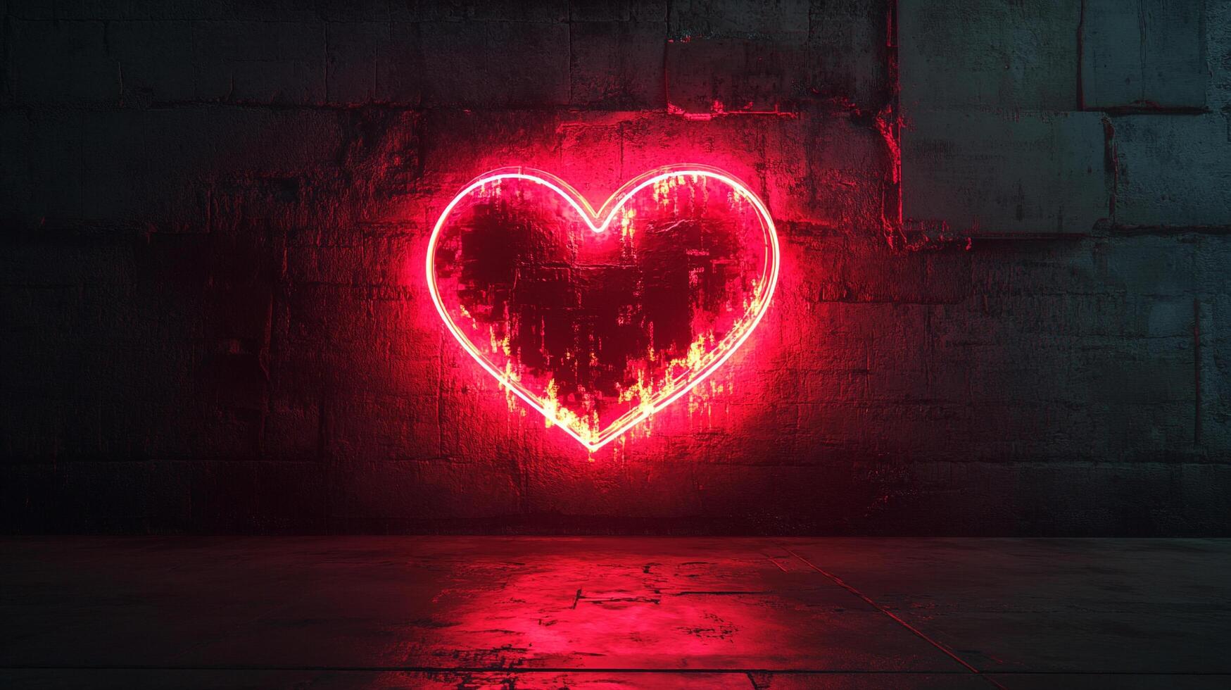 A glowing heart shape made of red neon lights illuminates a dark, textured brick wall, reflecting onto a stone floor in a minimalist setting. photo