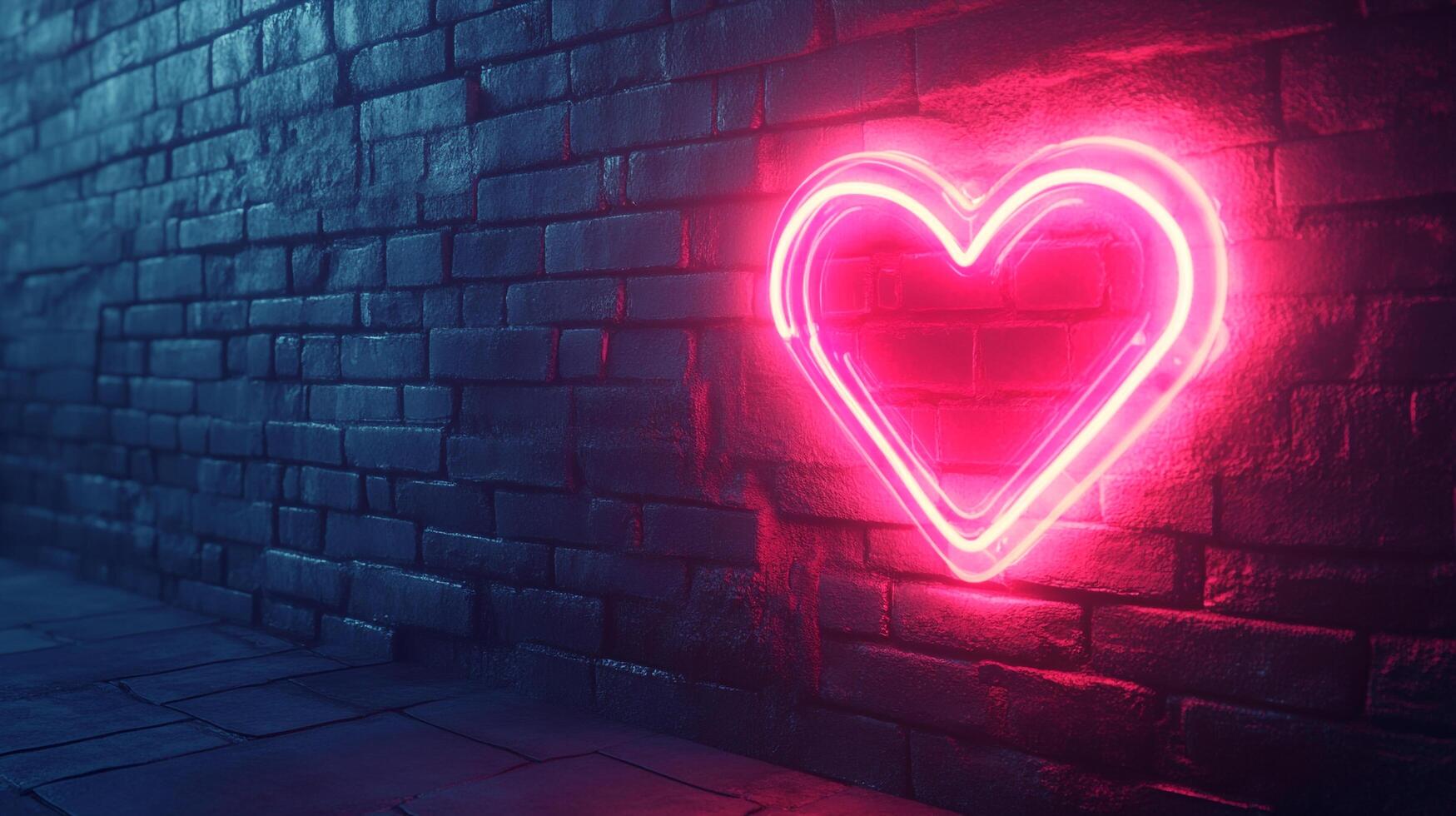 Glowing heart-shaped neon light mounted on a brick wall, casting a vibrant pink glow against the dark and textured background. photo