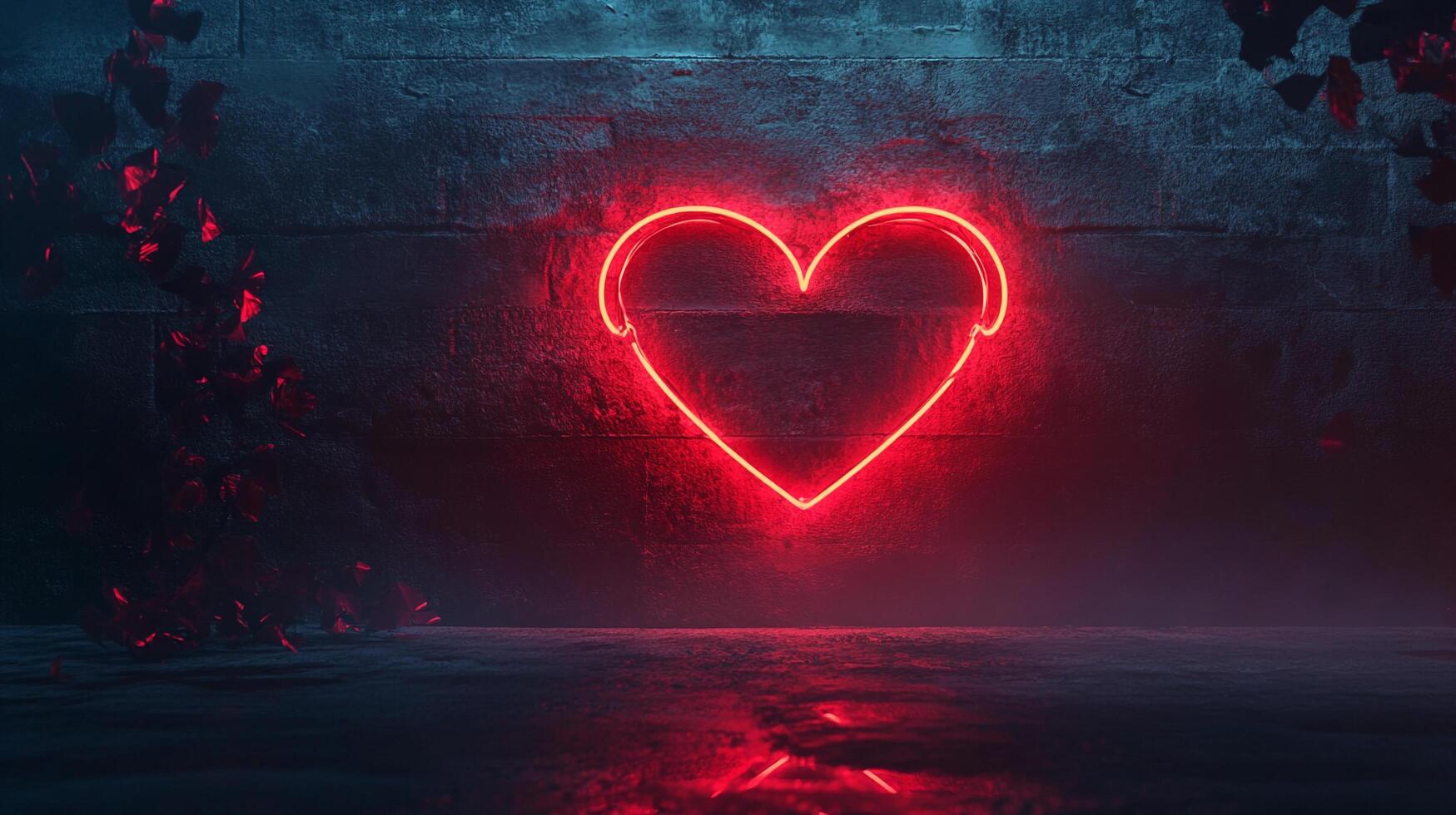 A radiant neon heart casts a warm glow against a textured brick wall. Love's symbol shines brightly, creating a captivating visual. photo
