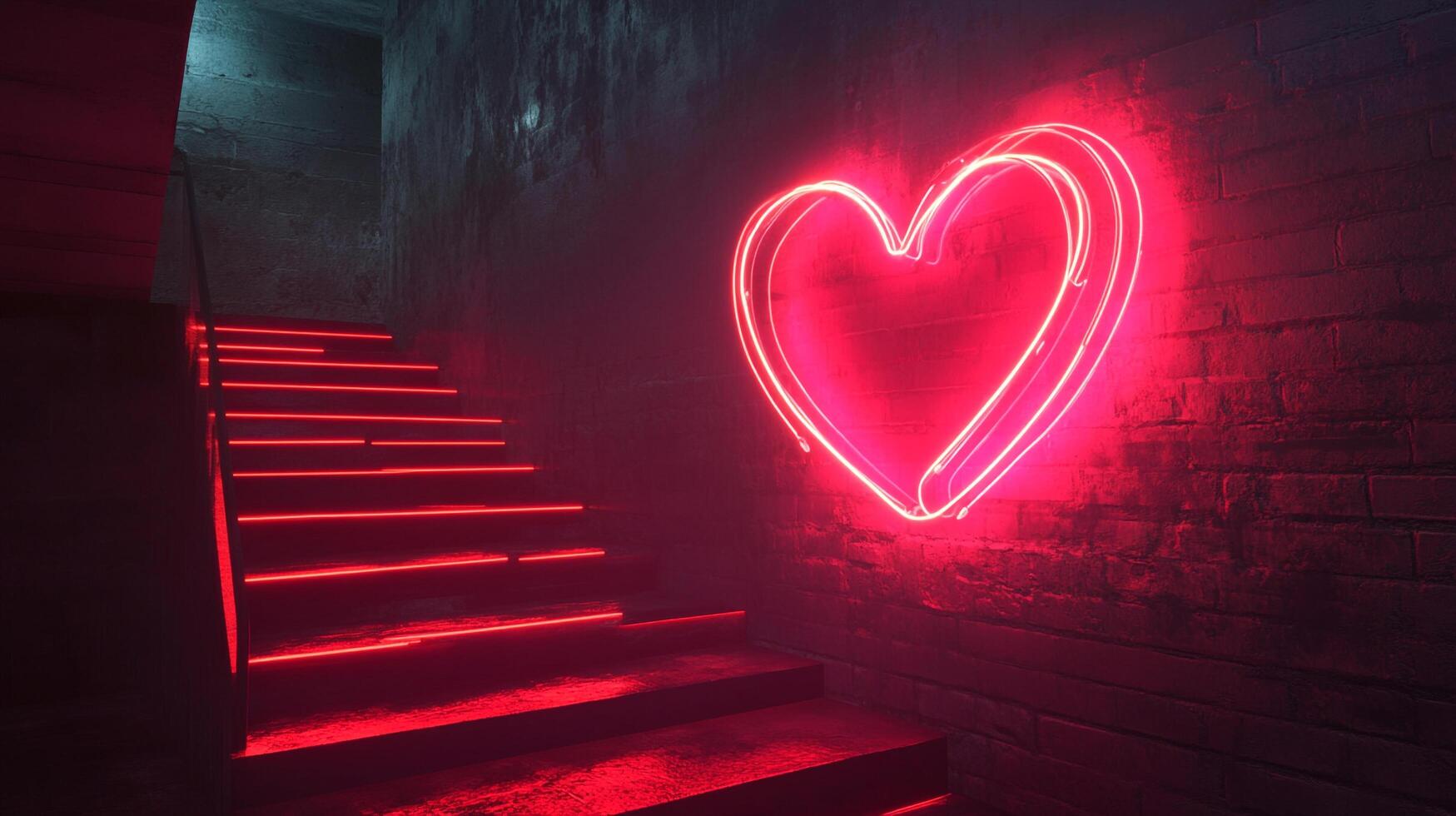 An alluring red neon heart sign glowing beside illuminated red steps, creating a romantic and mysterious atmosphere, beckoning you to ascend. photo