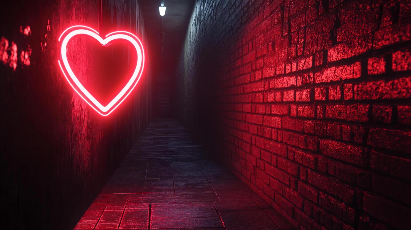 A radiant heart glows on a brick alleyway wall, casting a warm hue on the cobblestone path. A symbol of love in a dark urban setting. photo